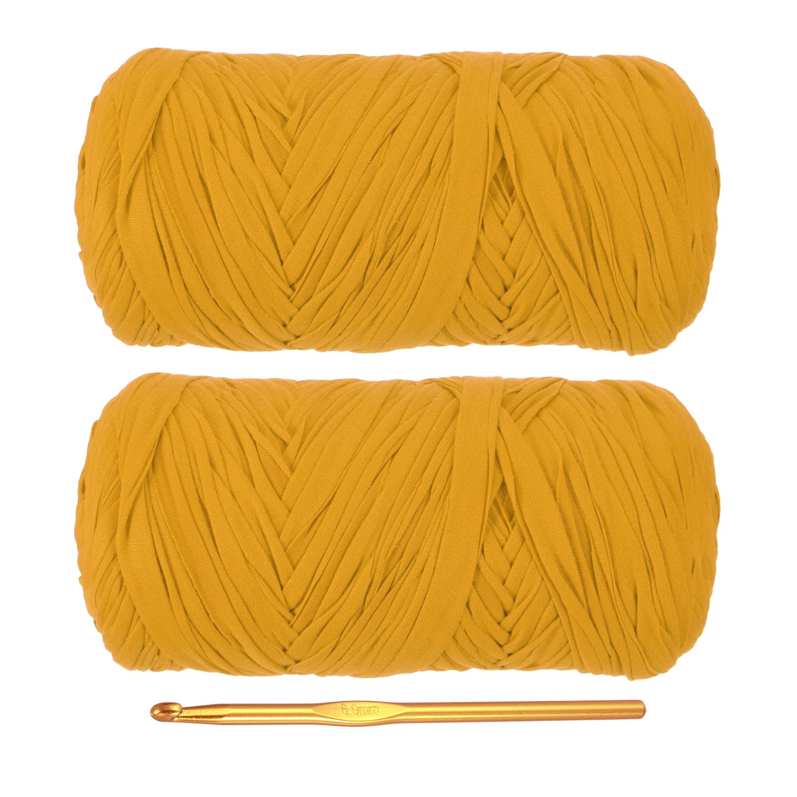 PATIKIL T-Shirt Yarn for Crocheting with 1 Crochet Hook, 2 Pack 400g/130 Yards Soft High Elastic Knitting Yarn for Beginner Crochet Bag/Basket/Home Decor(Dark Yellow)