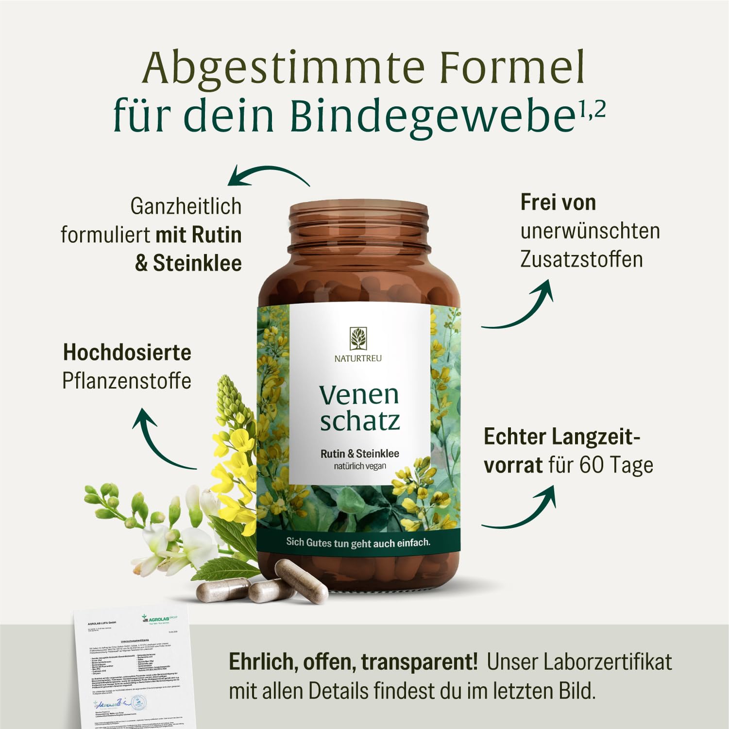 NATURTREU® Rutin Steinklee Komplex 120 Kapseln - 500mg Rutin hochdosiert & 394mg Steinklee - Pflanzliche Alternative zu Venenkapseln Venentabletten - Vegan