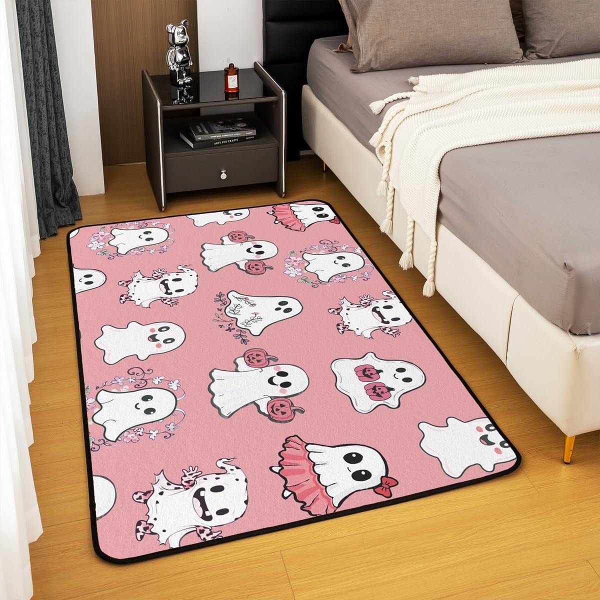 Lovely Ghost Area Rug 5'x6'6" Watercolor Pink Happy Halloween Pumpkin Non Shedding Rug for Kids Girls Teens Cartoon Plants Cute Flowers Girly Non Slip Rug for Bedroom Sofa