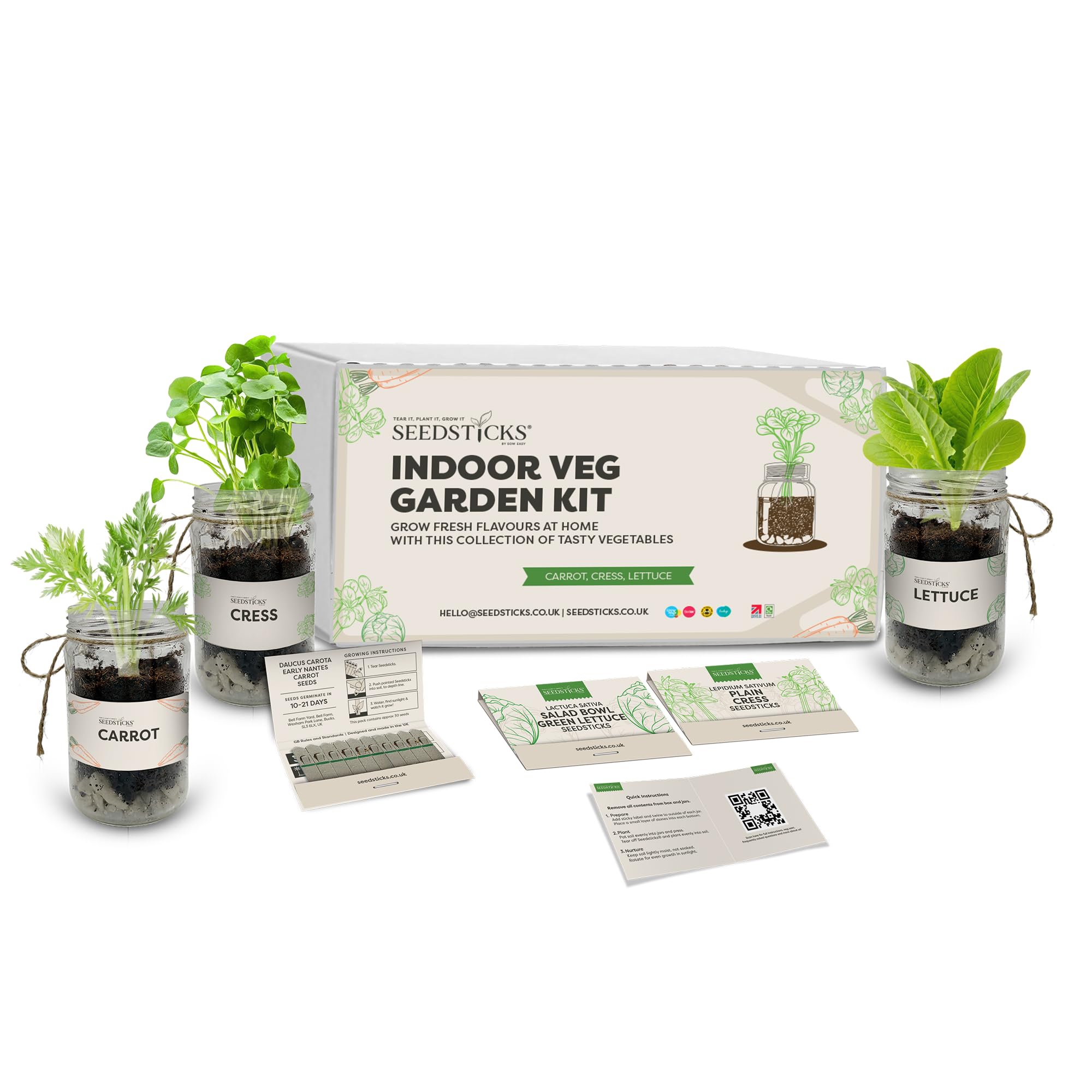 Seedsticks Indoor Vegetable Garden Kit - Grow Your Own Carrot, Cress & Lettuce - 3 Glass Jars, Soil Pellets & Seedsticks - Indoor Growing Kit Gift for Foodies