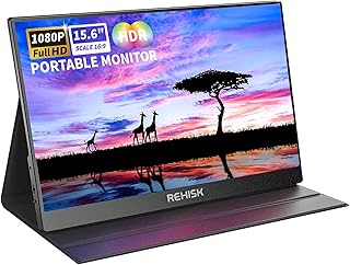 ReHisk Portable Monitor 15.6'' 1080P FHD USB-C HDMI VESA Mount Computer Display w/Smart Cover and Dual Speakers, Travel Monitor for Laptop Mac PC Phone PS4/5 Xbox Switch