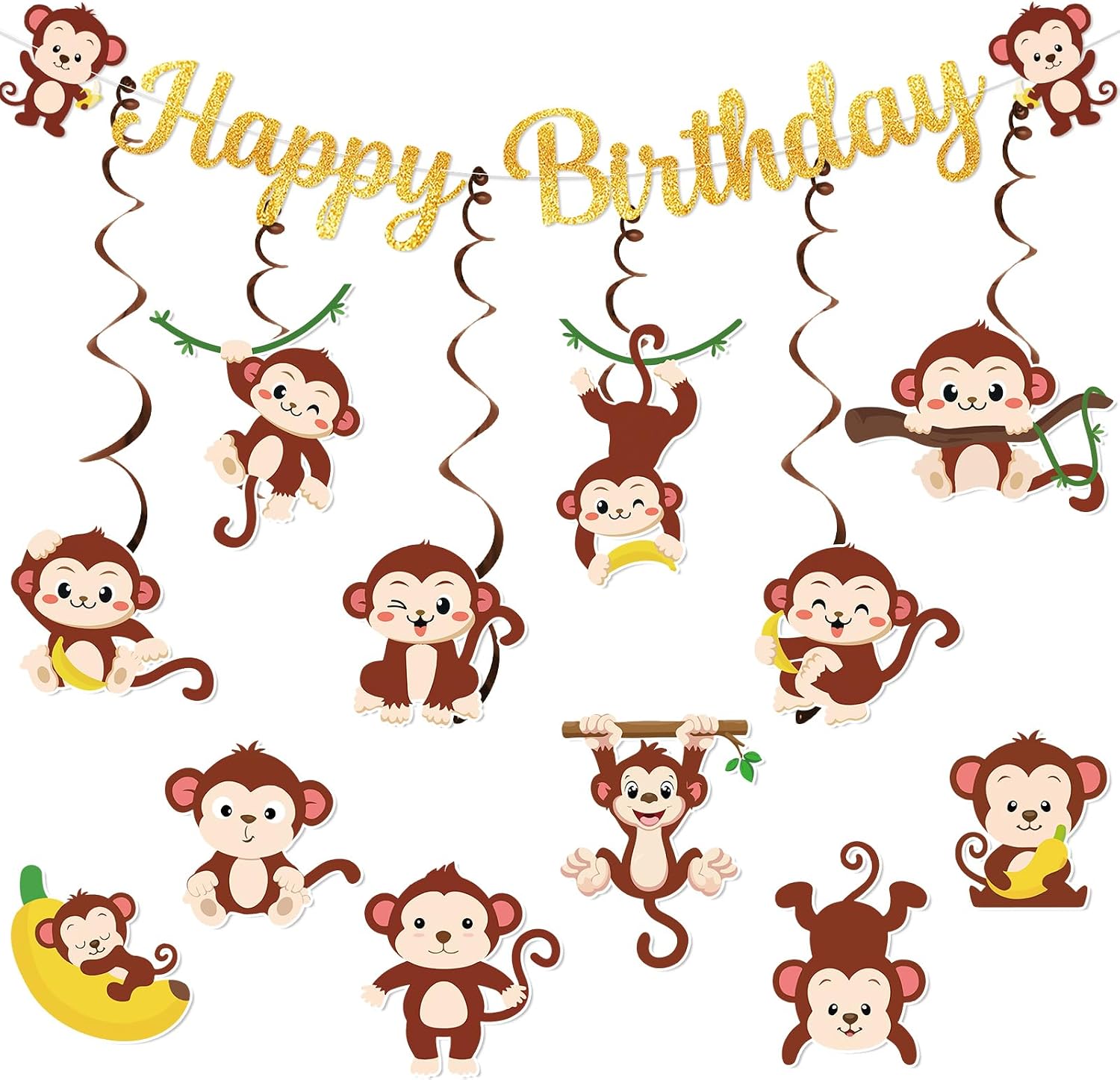Monkey Birthday Decorations Monkey Birthday Banner Hanging Swirls Stickers Monkey Party Decorations Banana Birthday Decorations Monkey Monkey Decor