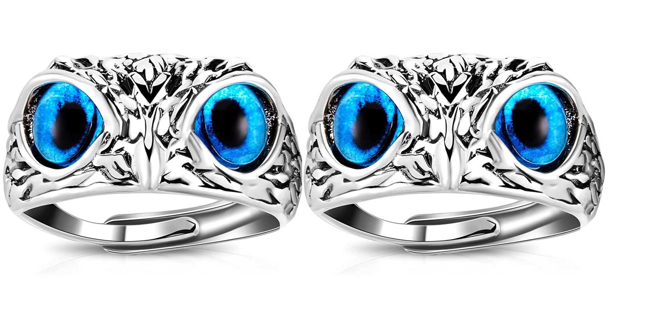 OWLS RING BLUE EYES MENS SILVER DESIGNER MENS RING (Adjustable) PACK OF 2