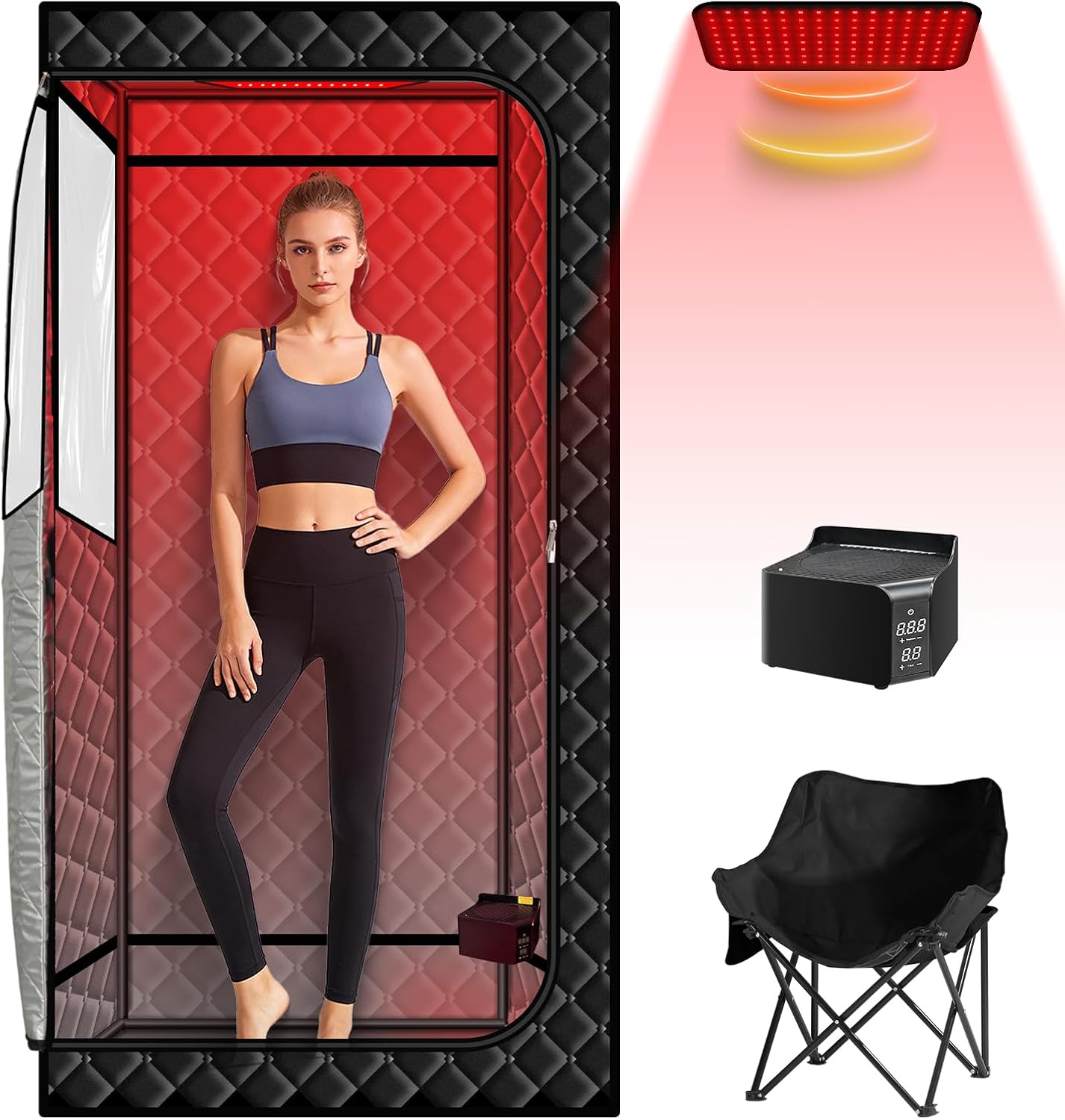 Smartmak Portable Sauna with Infrared 660nm Red Light Therapy Lamp for Home Relaxation, Personal Large Full Body Sauna Spa Tent, 1500W Fast Heating Hot Air Saunas, Folding Chair Indoor Use, 130–150°F
