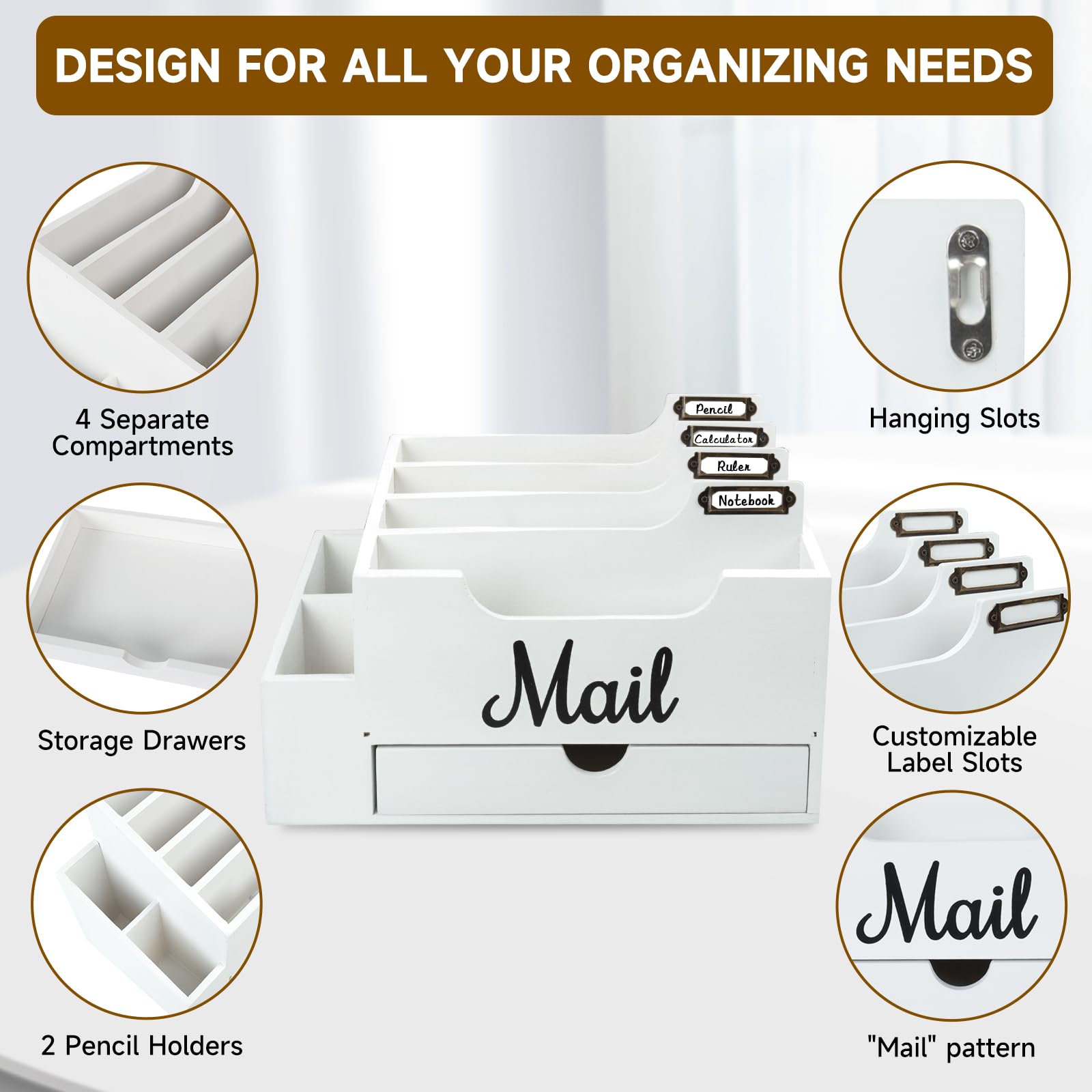 Organizzatore di Posta da Scrivania in Legno con 6 scomparti e cassetto, Organizzatore per Cartelle di Carta e Lettere, Organizer per Cartelle per Scrivania per Lettere Cancelleria, Bianco