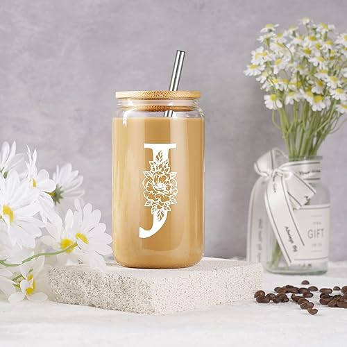 Miniatura 4 de Coolife Initial Glass Cup, Monogrammed Gifts for Women, 16 oz Glass Cups w/Lids Straws, Iced Coffee Smoothie Beer Tumbler w/Straw Lid, Personalized