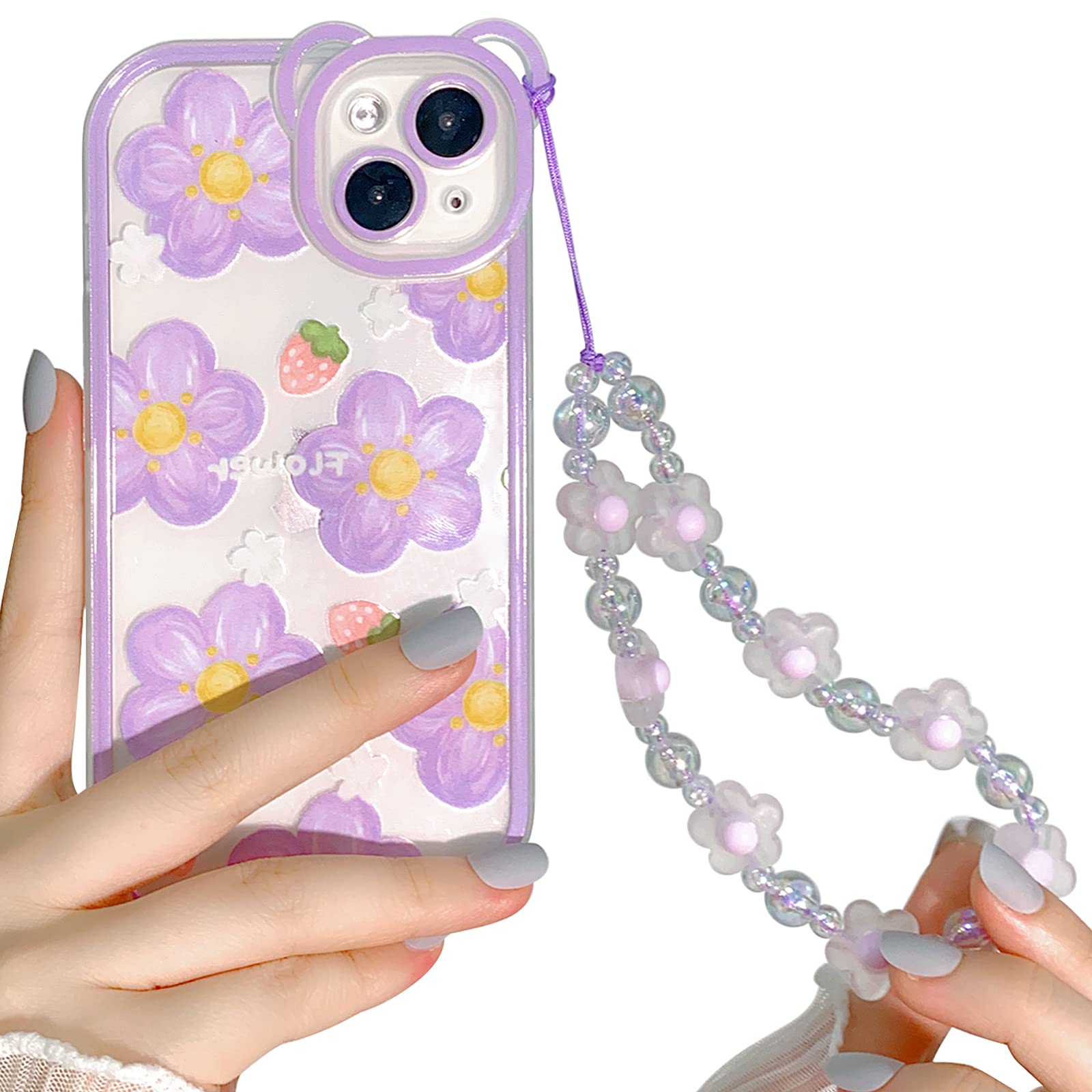 NITITOPCompatible for iPhone 14 Case Clear Cute Flower Floral with Chain for Girls Women Pattern Soft TPU Shockproof Protective Girly for iPhone 14-Purple Flower, BA00186-ZIMEI