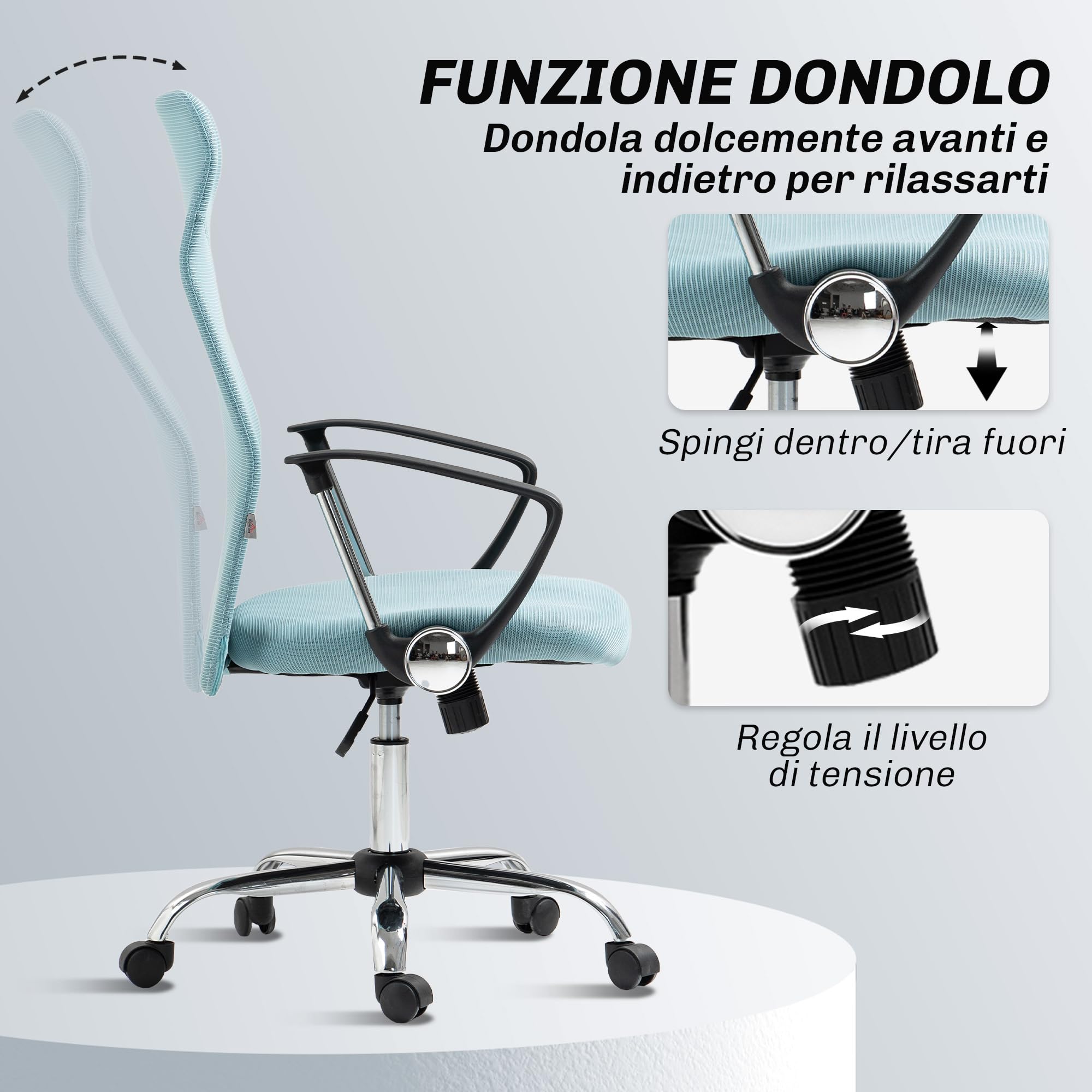 HOMCOM Sedia Ergonomica da Ufficio Girevole e Dondolo con Ruote, Altezza Regolabile e Schienale a Rete, 63x65x109-119 cm, Verde Chiaro