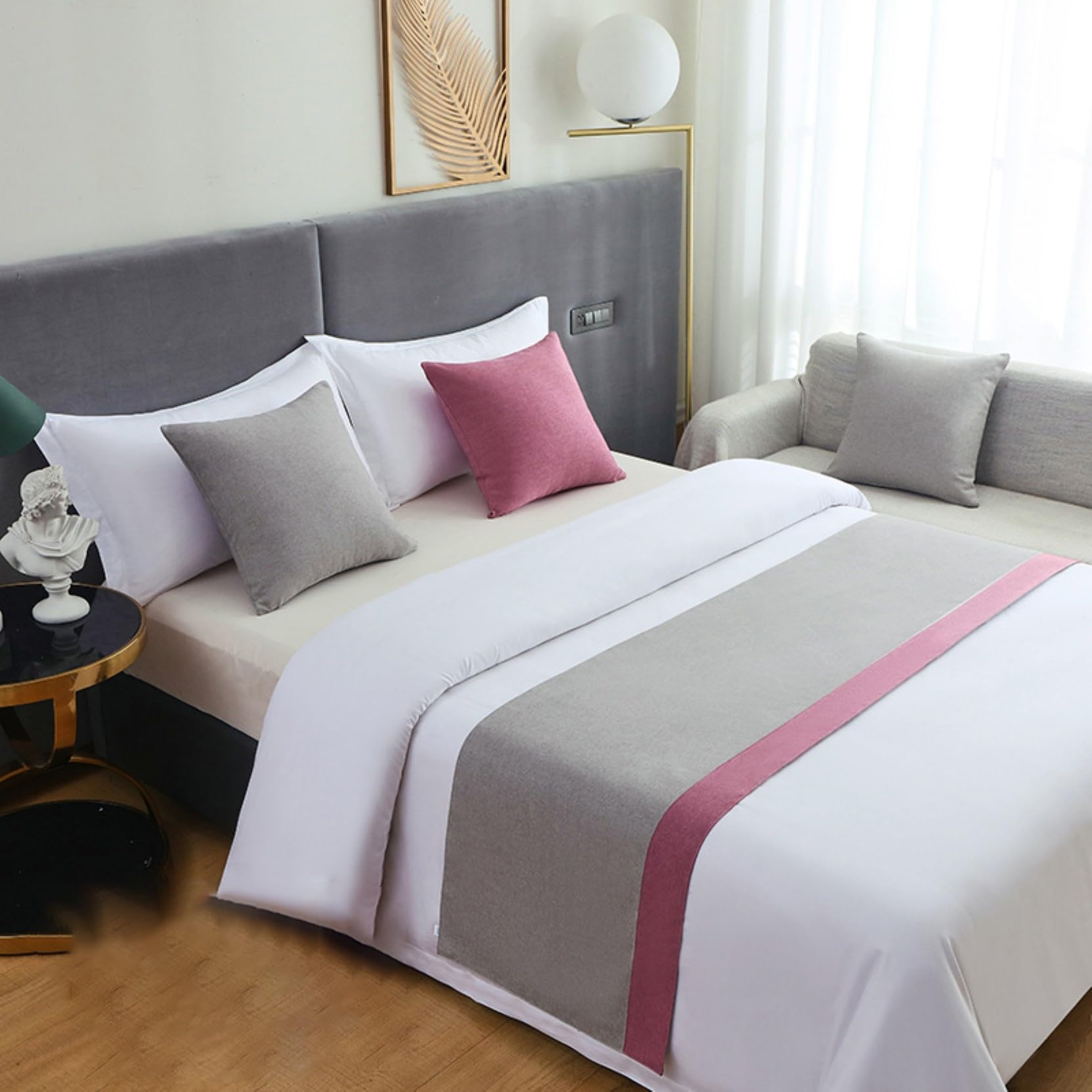 HLASMSPE Cotton Linen Bed Runner Throw, Bedspread Decor Bed Scarf Modern Bedding Cover Protection for Hotel Wedding, Grey Pink, 50x240cm bed runner for 1.8m bed