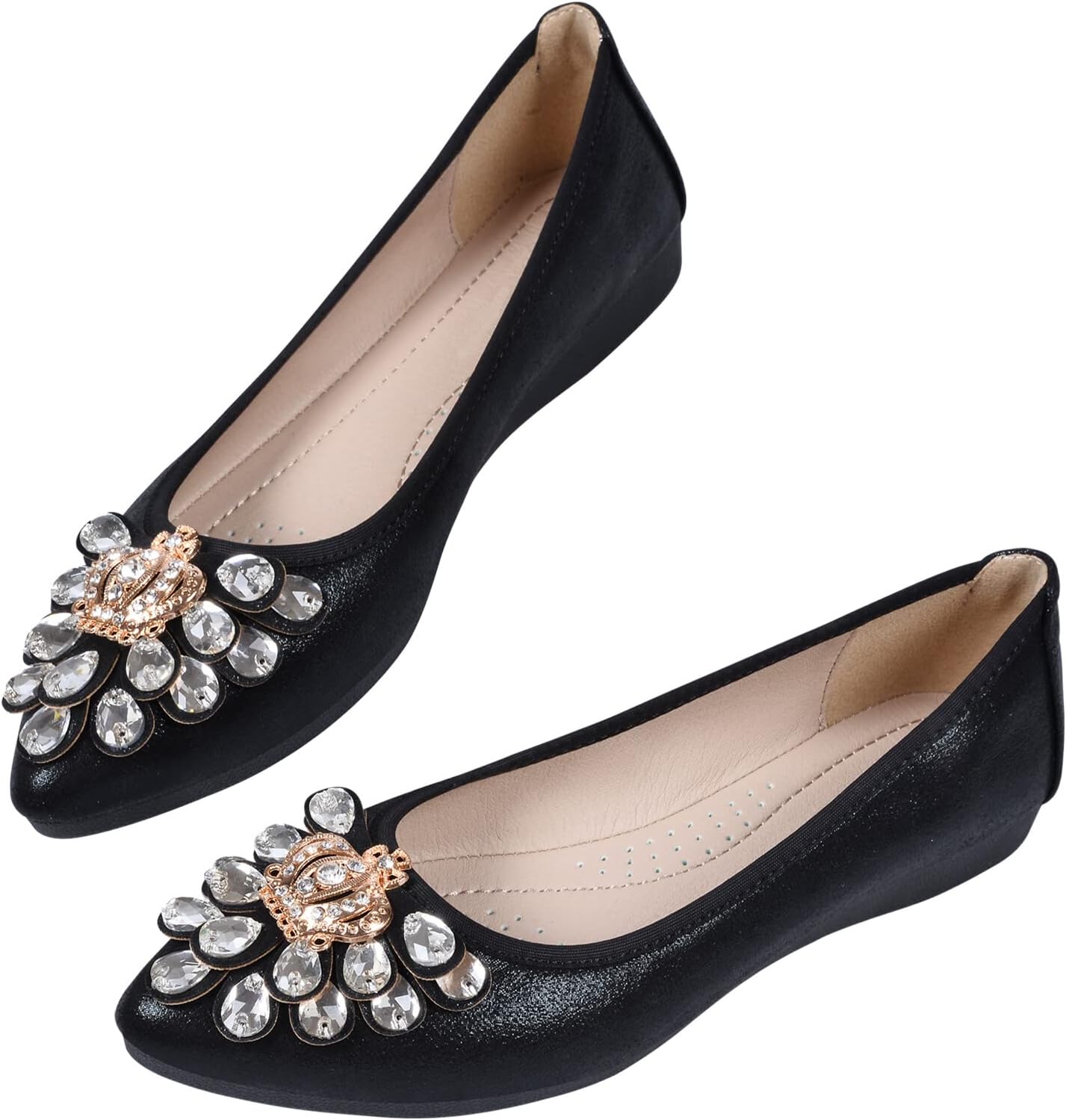 KUNWFNIX Women's Ballet Flats Foldable Classic Crown Rhinestone Slip On Flowers PU Leather Pointed Toe Comfort Flat Casual Dress Shoes - Image 2