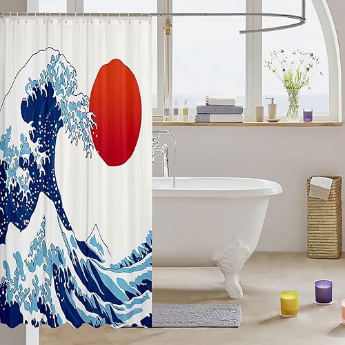 Miniatura 3 de Homewish Cortina de ducha con diseño de olas del océano, juego de cortina de ducha para niños y adultos, estilo japonés, cortinas impermeables para