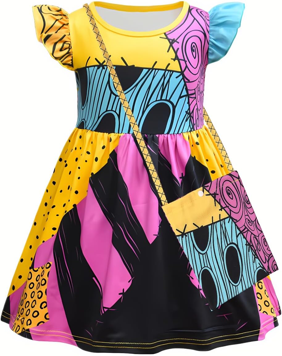 Sally Dress for Girls,Kids Sally Costume with Wig Bag Sleeve Tights Nnightmare Halloween Christmas Cosplay Outfit - Image 3