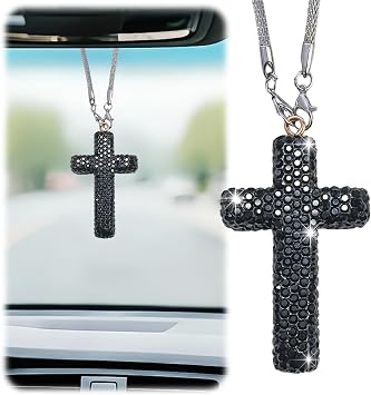 Bling Cross Car Mirror Hanger for Women, Bling Durable Cross for Car Mirror Hanging, Hanging Rearview Interior Accessories for Truck Sedan SUV Black