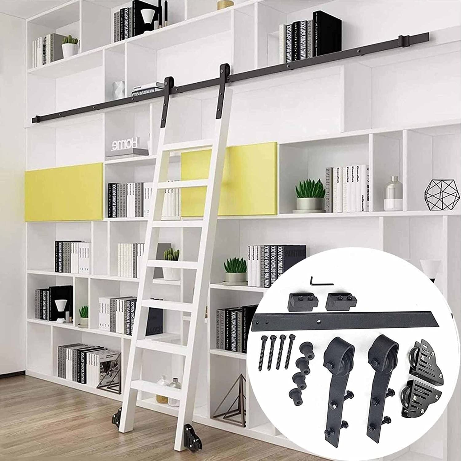 Kit ferramenta per Scala Scorrevole per libreria - Kit ferramenta per Porta Scorrevole del fienile, Kit ferramenta per Scala Scorrevole per Biblioteca Binario/Binario Tondo, per casa/Interni/soffitto
