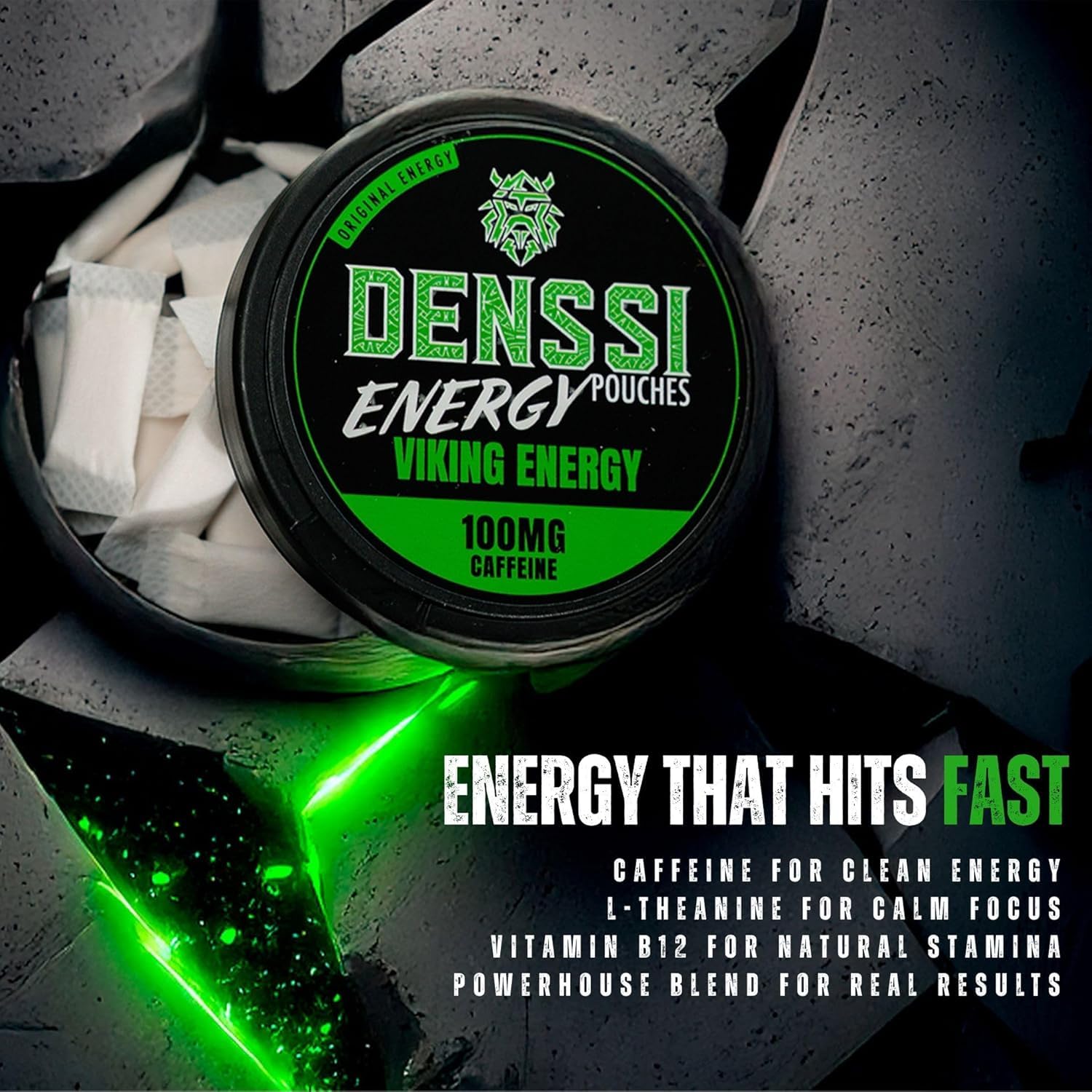 Denssi Pouches d'énergie - Sacs d'énergie à la caféine - Remplacement gratuit/Alternative pour la concentration et l'énergie - Sacs Nootropiques sans Sucre (10 Packs, Viking Energy)