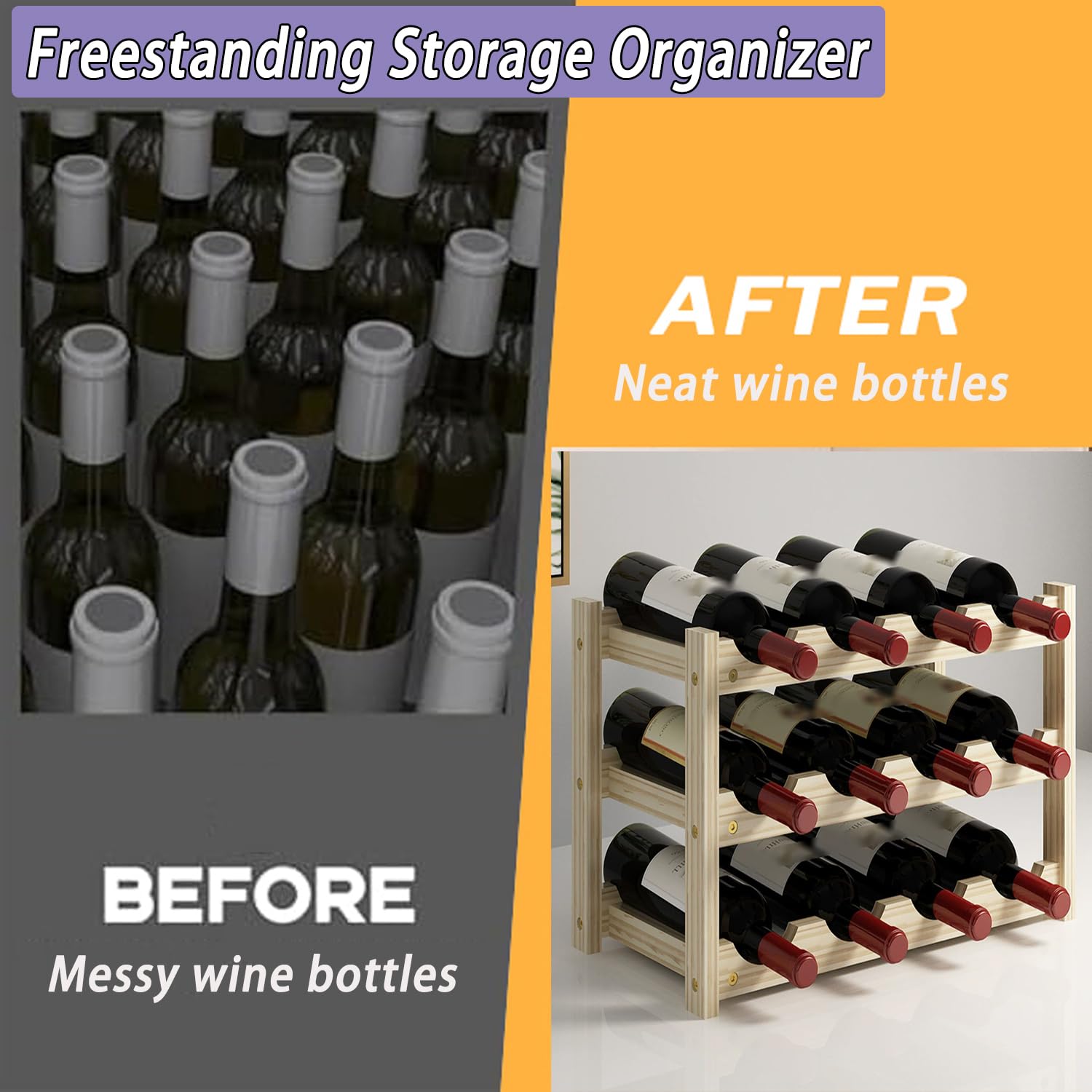 Soporte de exhibición de botellas de vino, estante de vino de madera para armario, cocina, despensa, organizador de almacenamiento de botellas de fácil montaje (2 niveles, 10 botellas, oscuro)