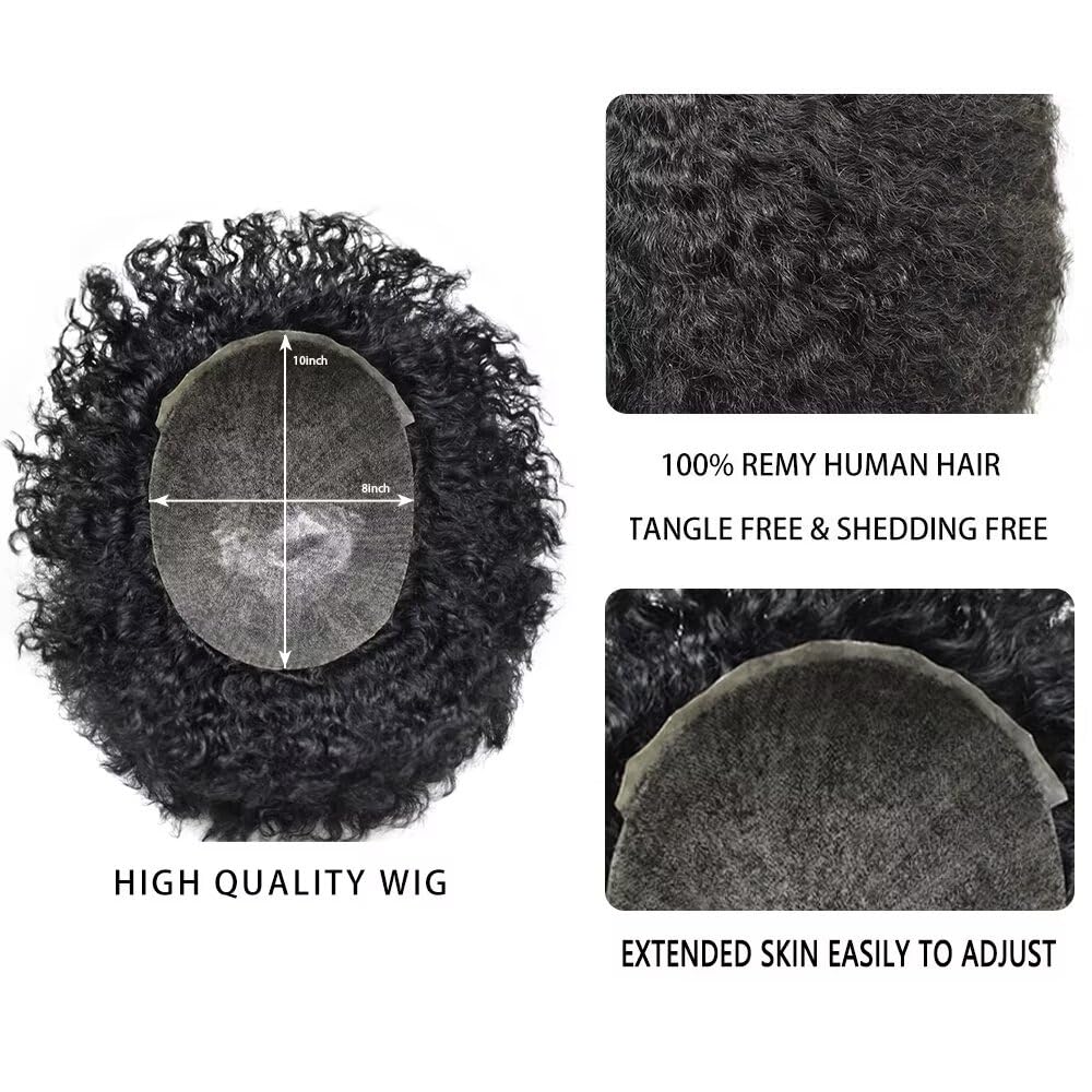 Afro Toupee for Black Men Curly Afro Wave Male Hairpiece Skin PU African American Mens Toupee Human Hair Replacement Black Men Hair Units 8"×10" 8mm Afro Wave, 1# Jet Black
