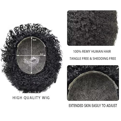 Miniatura 5 de Afro Toupee para hombres negros, rizado afro ondulado, postizo masculino, piel fina, PU negro, para hombre, tupé, repuesto de cabello humano