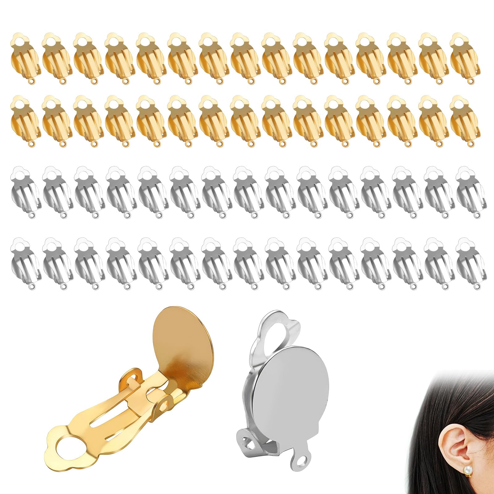 Set di 60 orecchini a clip in acciaio inox dorati non forati 2 colori vassoio rotondo