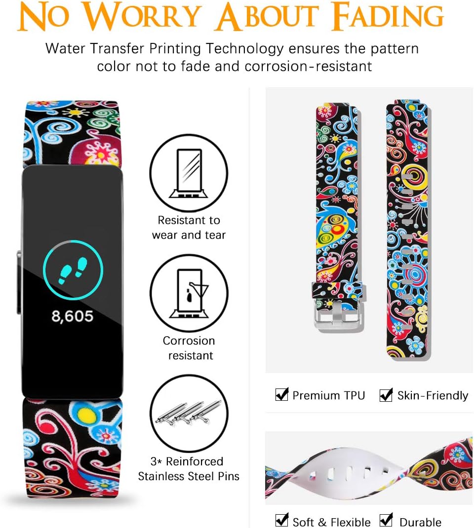 Maledan Patterned Bands Compatible with Fitbit Inspire 2/Fitbit Inspire HR/Inspire for Women Men, Fadeless Pattern Printed Strap Accessories Replacement Band for Inspire HR Fitness Tracker and Ace 2