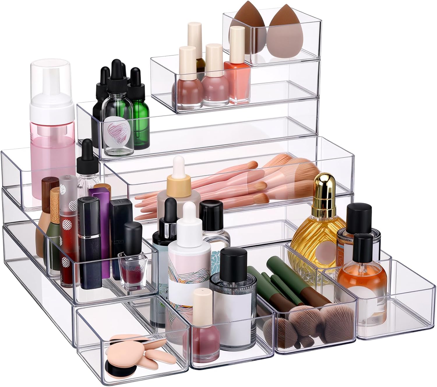 18 Pcs Clear Drawer Organizer Stackable 4 Size Clear Makeup Drawer Organizer Trays Acrylic Bathroom Vanity Storage Bins for Cosmetic, Jewelries, Office Supply, Kitchen Utensils (Glossy)