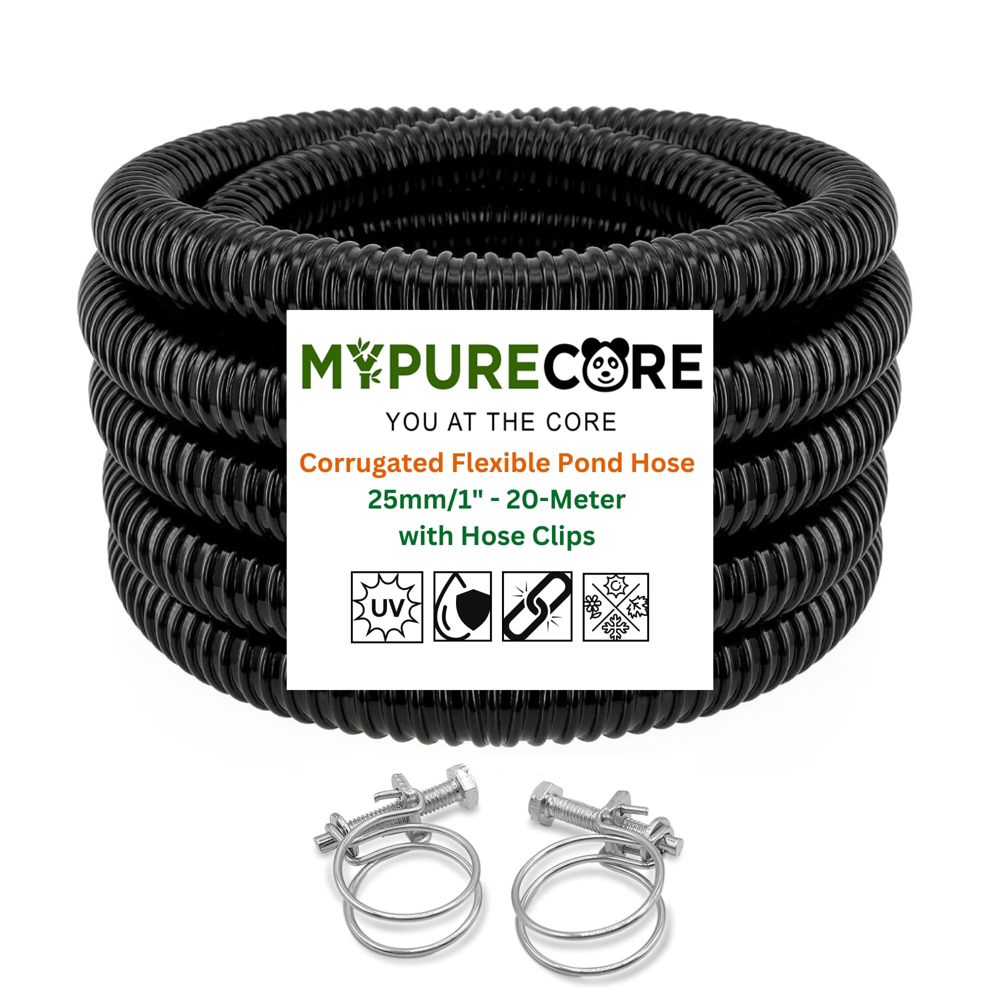 Mypurecore You At The Core Black Mypurecore 25Mm / 1" Corrugated Flexible Pond Hose Pipe – Pvc Water Tubing With Double-Wired Clips – For Pond Pumps, Filters, Waterfalls, Fountains & Drainage – Multiple Lengths (20-Meter)