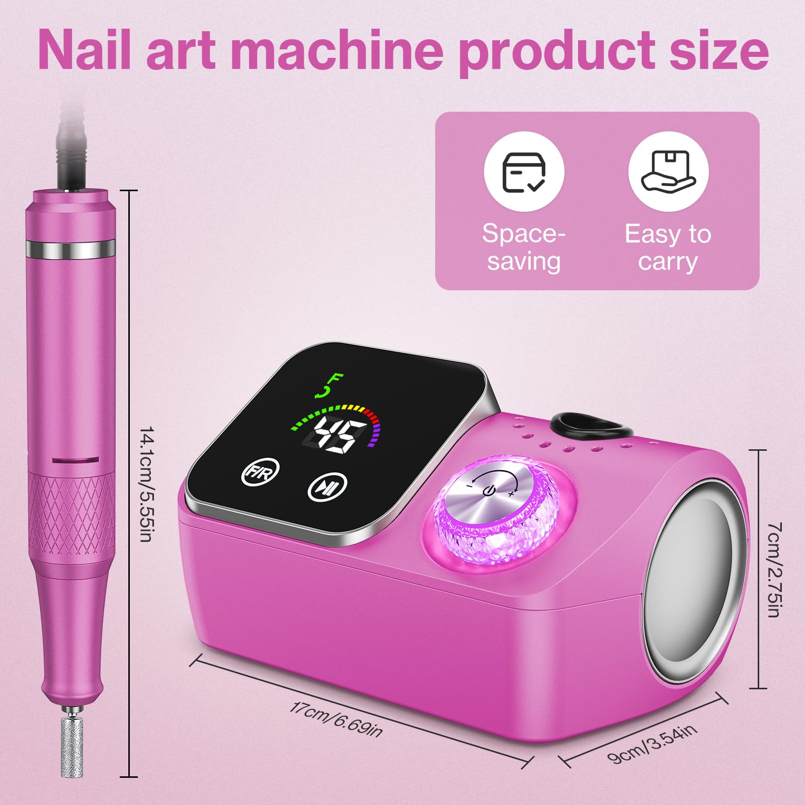 Urbuti Fresa per Unghie Professionale 45000 giri,12 testine di levigatura,Display LCD touch control,Manopola in cristallo,Lima per unghie portatile per unghie in acrilico e gel (Rosa rossa) - 5