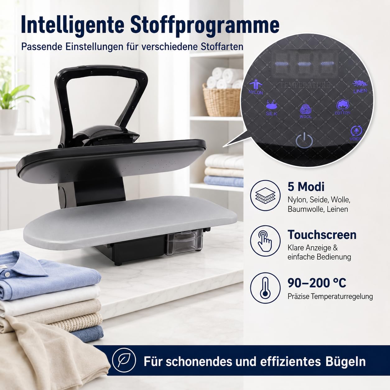 Pressa a vapore intelligente da 2200 W, con 5 impostazioni di tessuto, regolazione della temperatura 90-200 ℃, con touch screen, pressa da stiro