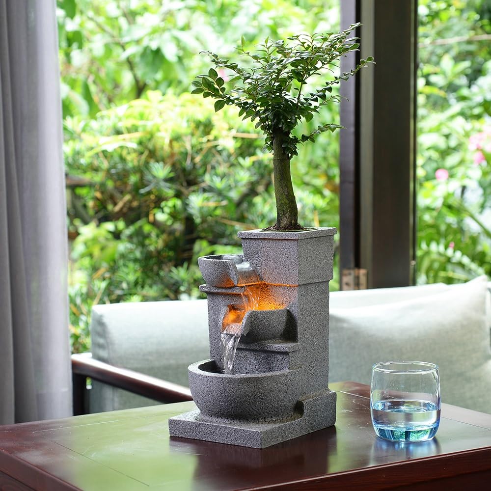 Fuente de Interior Fuente de relajación con vegetación Viva y Cascada Que Fluye, decoración Escritorio for el hogar la Oficina