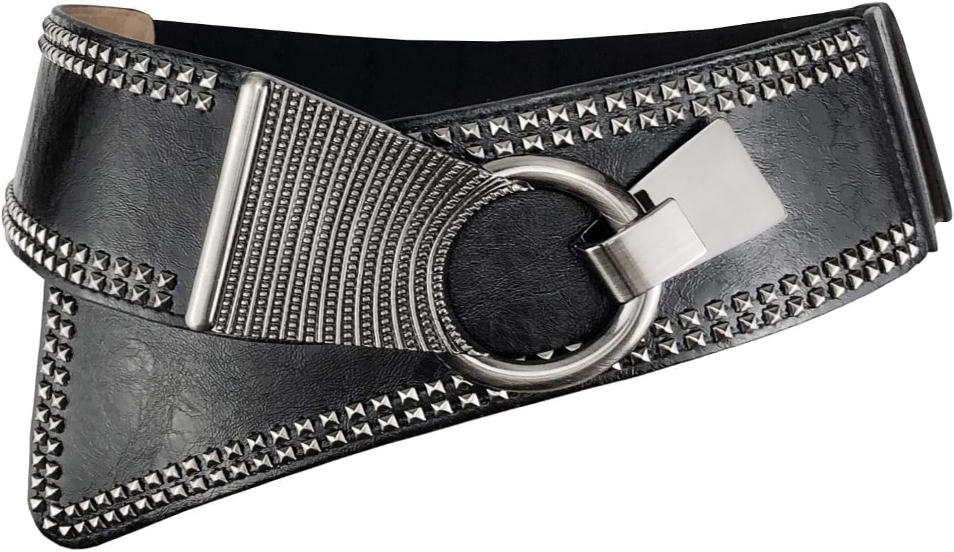Women's Fashion Vintage Wide Waist Belt Elastic Stretch Cinch Belts With Interlock Buckle, Black, One Size