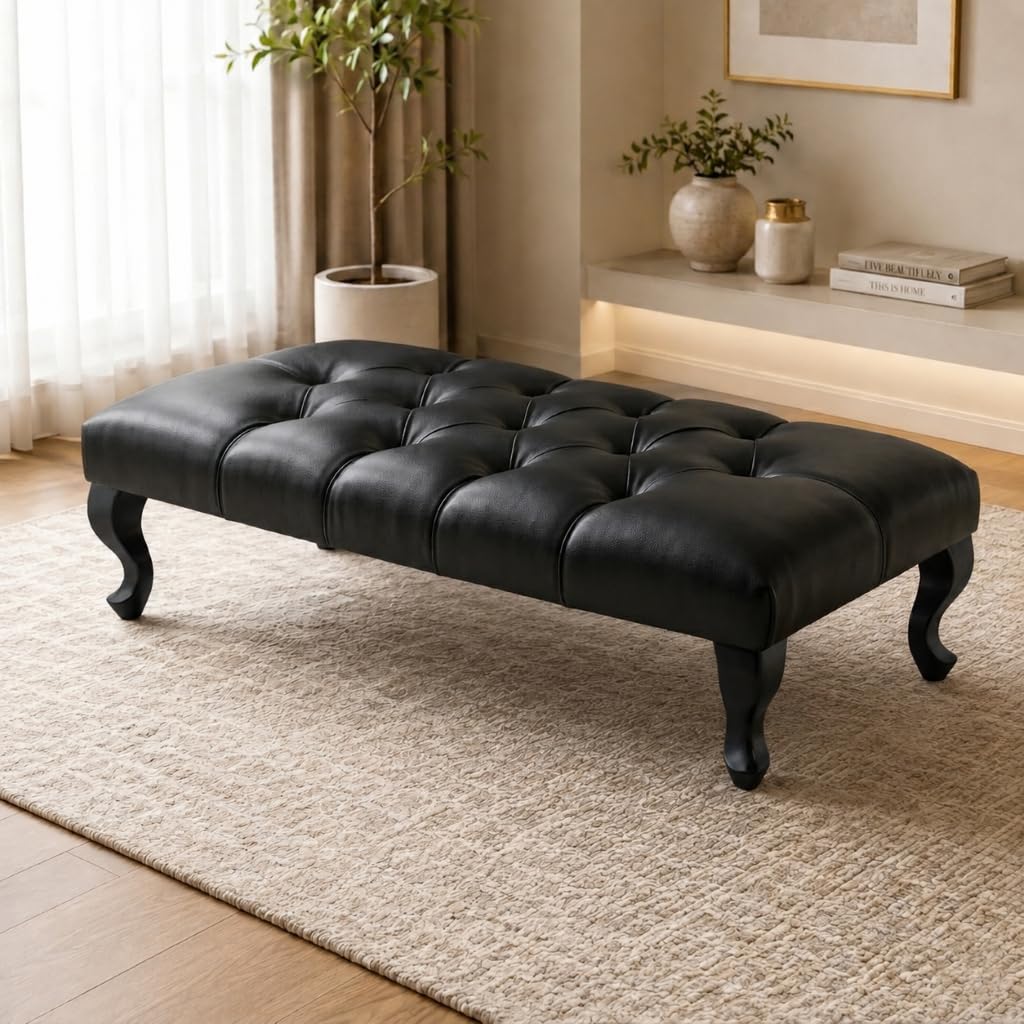 Aiza Chesterfield Leather Footstool Bench Black Legs 102cm - Black Leather
