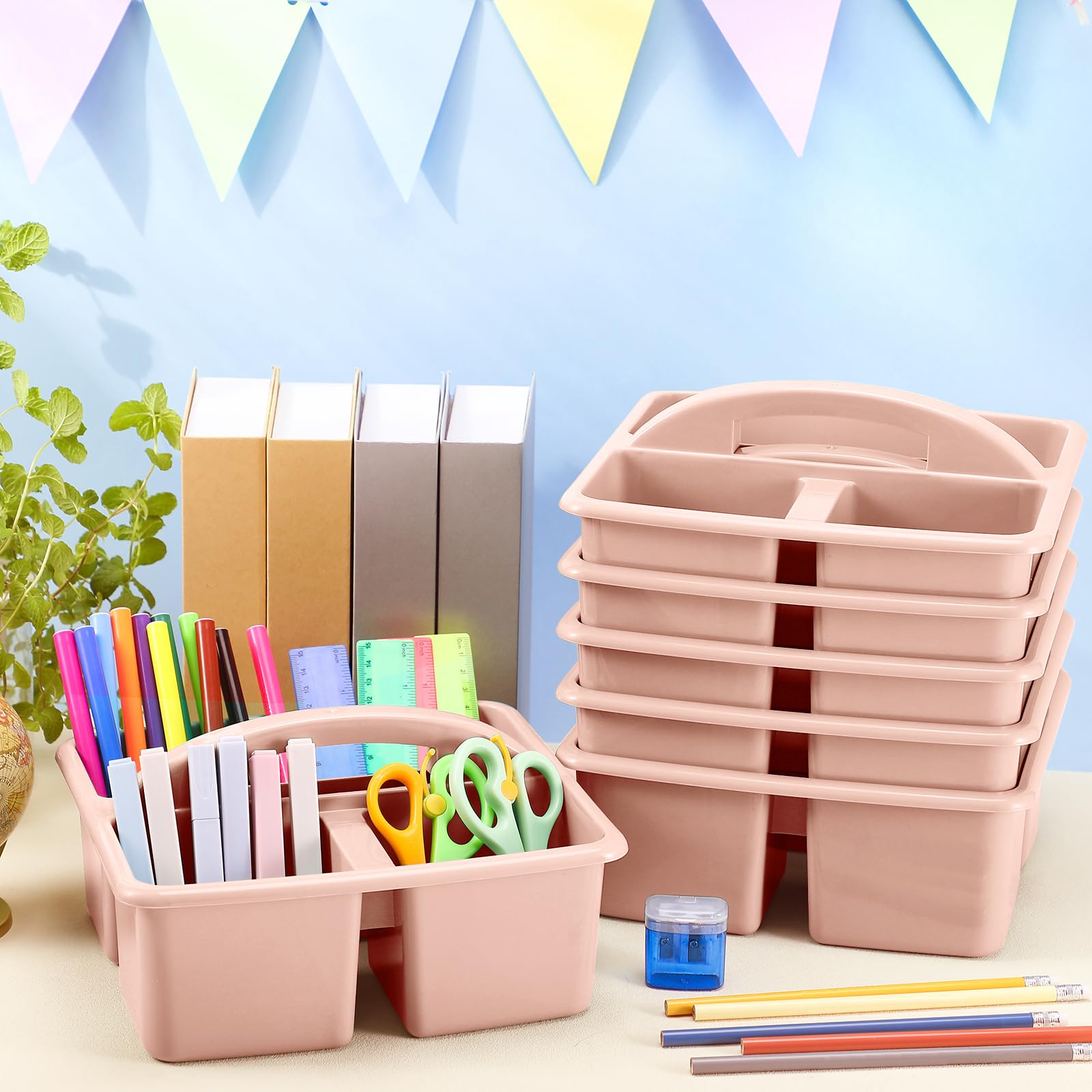 Lineshading Tragbare Kunststoff-Aufbewahrungsboxen mit 3 Fächern, Organizer mit Griffen für Zuhause, Bibliothek und Büro, Organisationsbedarf für Tisch, Schreibtisch, Büro, 12 Stück (Fleischrosa)