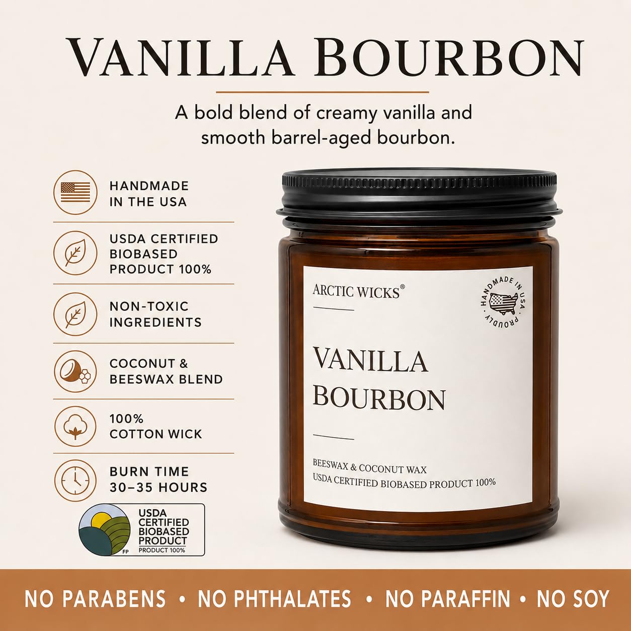 Vanilla Bourbon-Kerze, Arctic Wicks Kokosnuss- und Bienenwachskerzen, ungiftige Duftkerzen für Herbst, Winter, Urlaub, Geschenke für ihn, Whiskey-Bourbon, Vanille-Kerze, USDA-zertifiziert, biobasiert