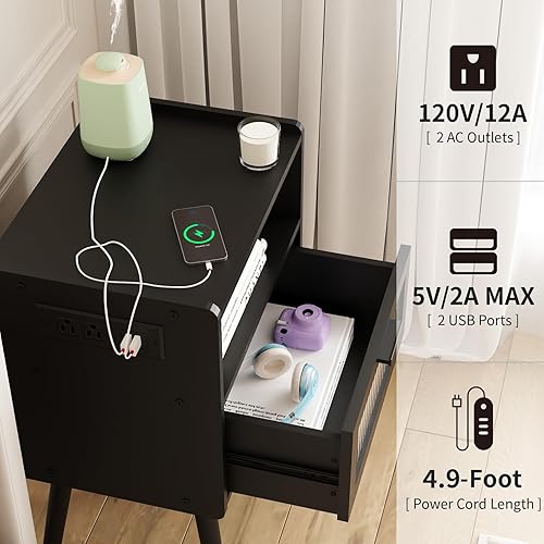 Miniatura 102 de Mesita de noche moderna de mediados de siglo con estación de carga, mesitas de noche con puerta de cristal, mesa auxiliar con espacio de Gris