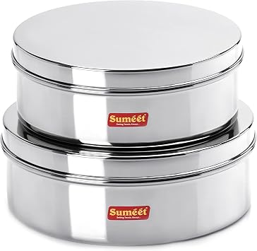 Sumeet Stainless Steel Flat Canisters/Puri Dabba/Storage Containers Set of 2Pcs 1.2Ltr,1.5Ltr