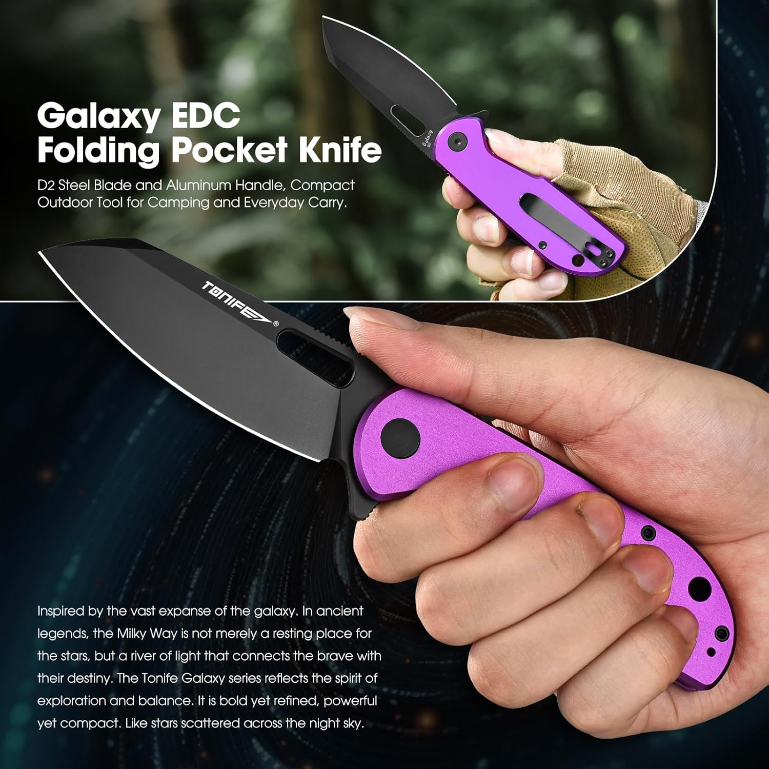TONIFE Galaxy EDC Folding Pocket Knife with D2 Steel Blade and Aluminum Handle, Compact Outdoor Tool for Camping and Everyday Carry (Purple)