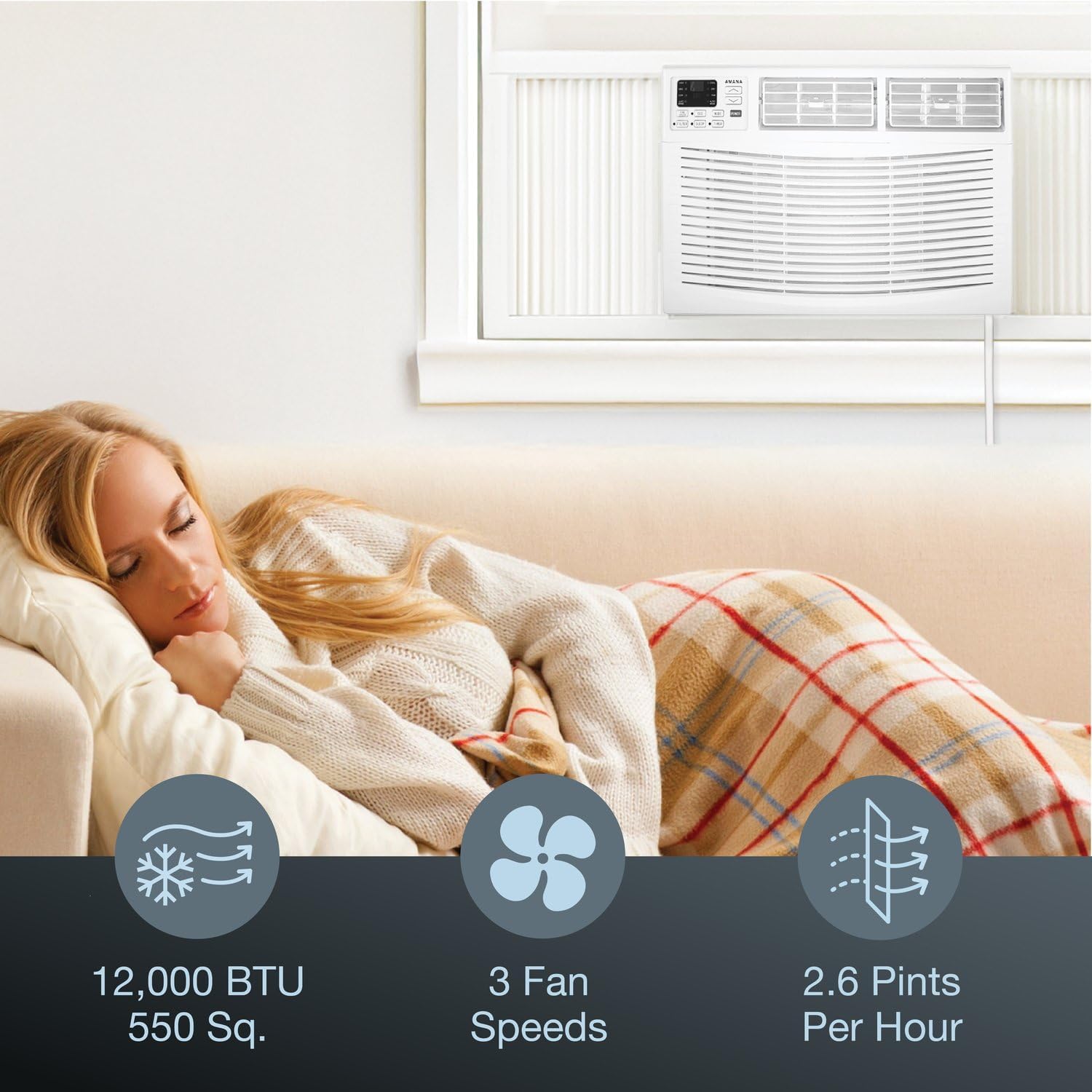 Amana 12,000 BTU Window Air Conditioner, 115V, Cools up to 550 Sq. Ft. for Bedroom, Living Room, Kitchen, with Remote Control, 24H Timer, 3-Speed, Auto-Restart, Digital Display, White