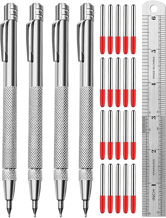 Tungsten Carbide Scriber, Knurled Aluminum Handle, 4-Pack with Bonus Marking Tips and Steel Ruler, Ideal for Detailed Crafting and Carving