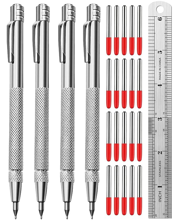 Tungsten Carbide Scriber, Knurled Aluminum Handle, 4-Pack with Bonus Marking Tips and Steel Ruler, Ideal for Detailed Crafting and Carving by PSMYP - Used condition - US$8.09