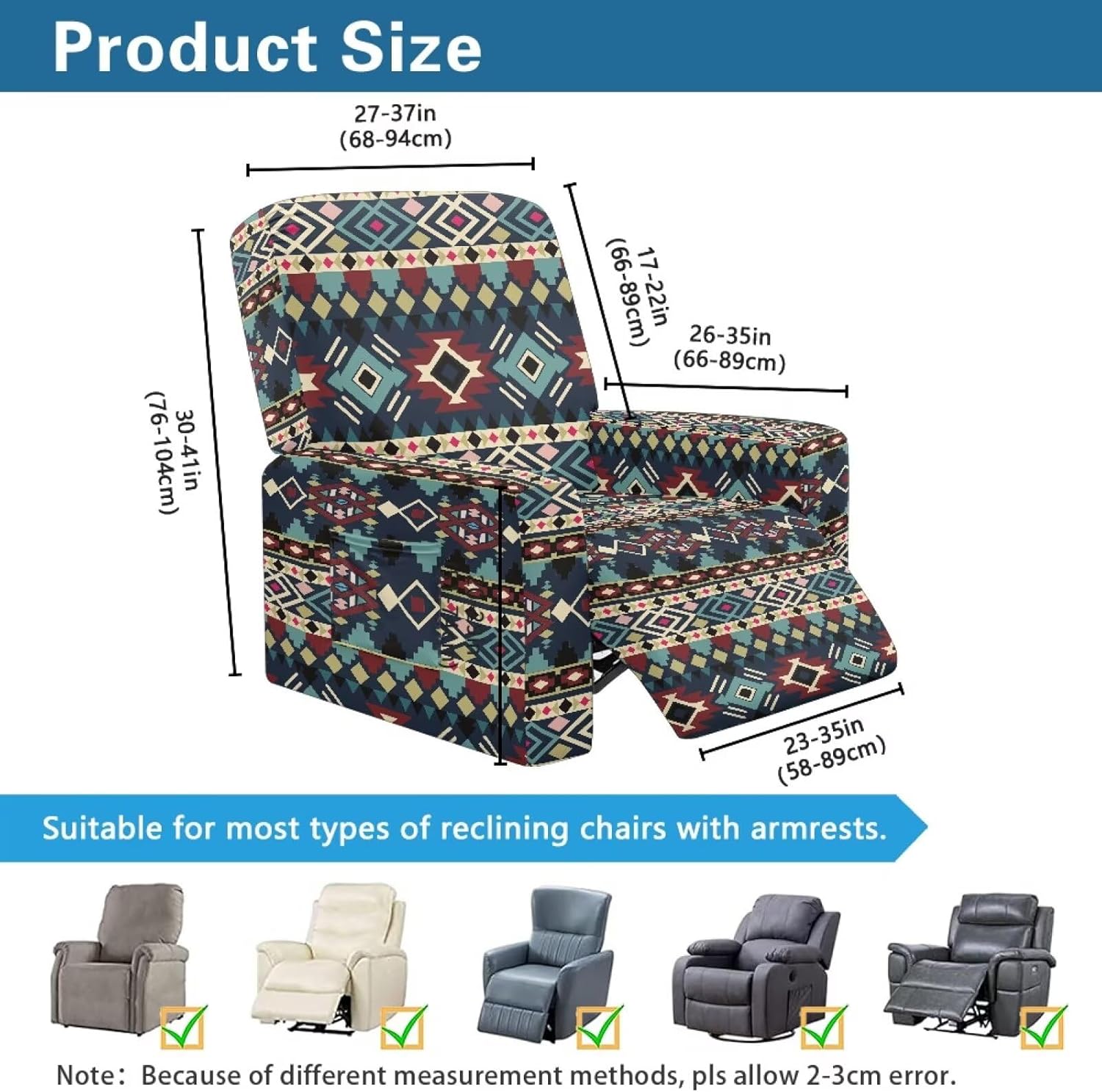 Tribal Aztec Recliner Chair Covers 4 Pieces 1 Cushion Reclining Sofa Stretch Couch Slipcovers for Living Room 1 Seat Couch Cover Armchair Protector