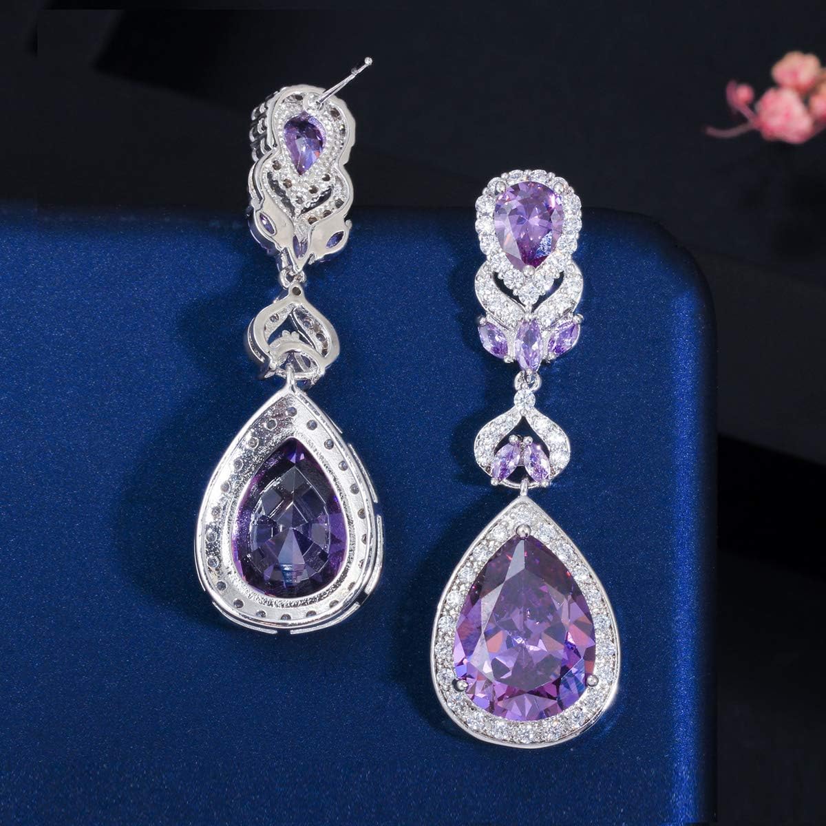 Cubic Zirconia Long Big Teardrop Dangle Bridal Wedding Earrings for Women Brides