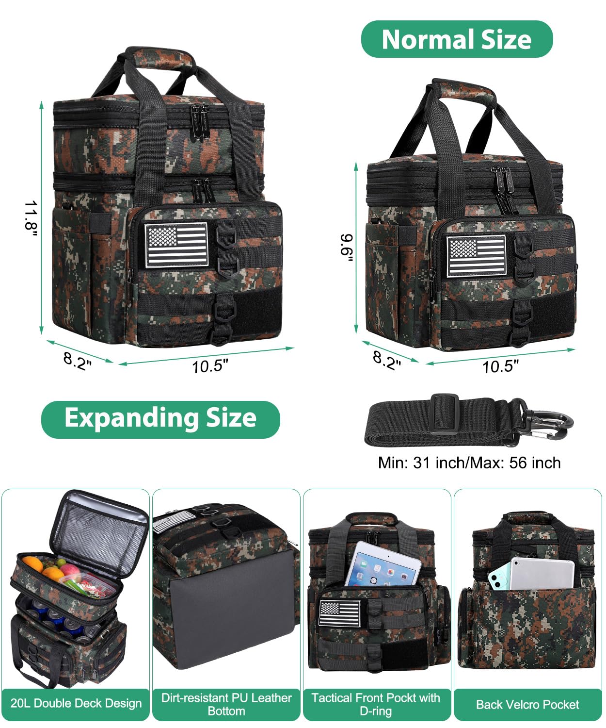 Borsa termica per il pranzo tattica da uomo, grande borsa termica per adulti, resistente, a doppio strato, espandibile, con bandiera americana, a prova di perdite, morbida, per lavoro, ufficio