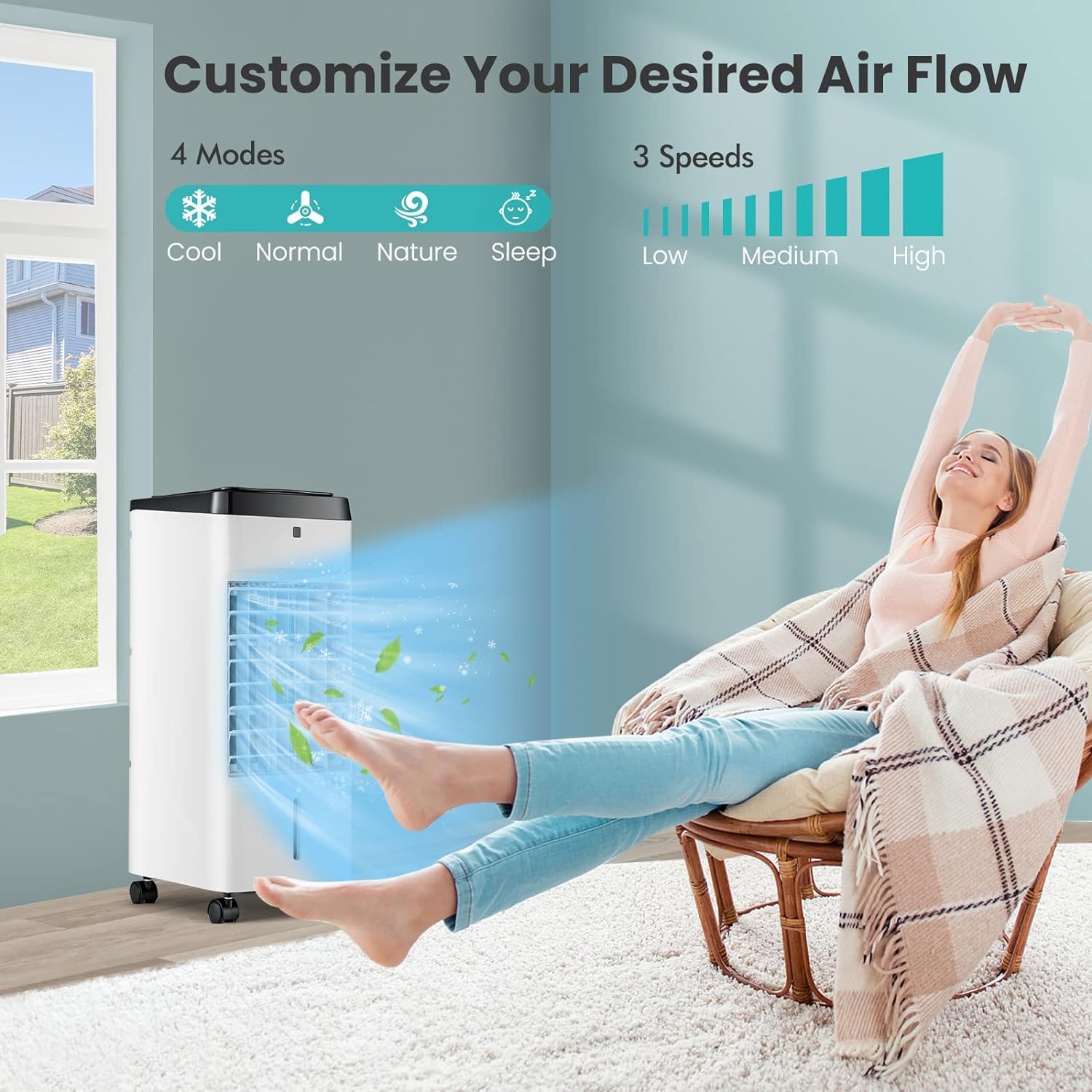 GOFLAME Evaporative Air Cooler Portable, 3-in-1 Humidifying Cooling Fan with Remote, 3.5L Water Tank, 2 Ice Packs, 4 Wind Modes, 3 Speeds & 12H Timer, 70° Oscillation Swamp Cooler for Home