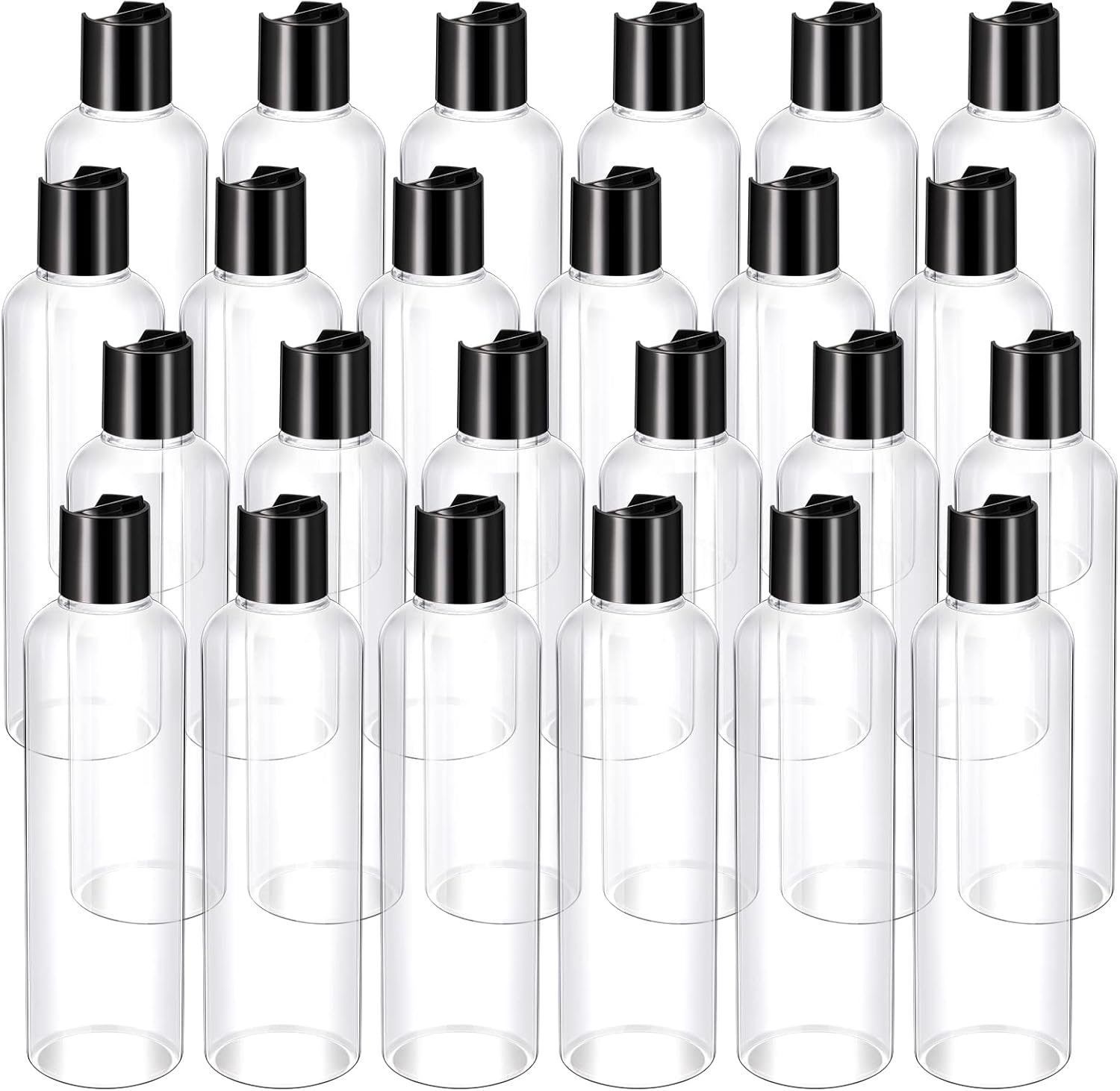 Nuenen 24-Pack 8oz Clear Squeeze Travel Bottles with Black Disc Caps - Refillable Shampoo Lotion Containers for Toiletries