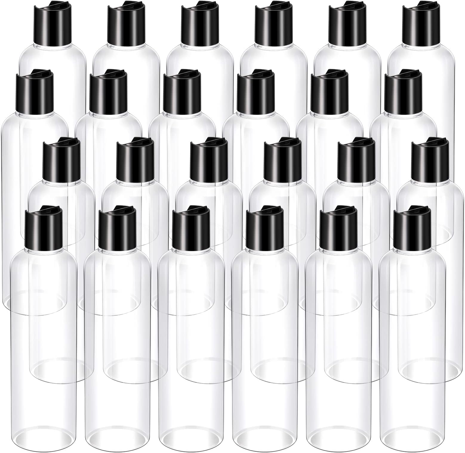 Nuenen 24 Pieces Plastic Empty Bottles Clear Squeeze Travel Containers with Black Disc Cap Refillable Shampoo Travel Bottles for Toiletries Lotion Container for Body Soap Cream(8 oz)