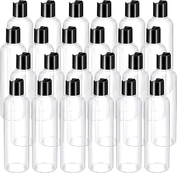 Nuenen 8 oz 24 Pcs Plastic Empty Bottles Squeeze Travel Containers with Black Disc Cap Refillable Shampoo Travel Bottles for Toiletries Lotion Container for Body Soap Cream Clear