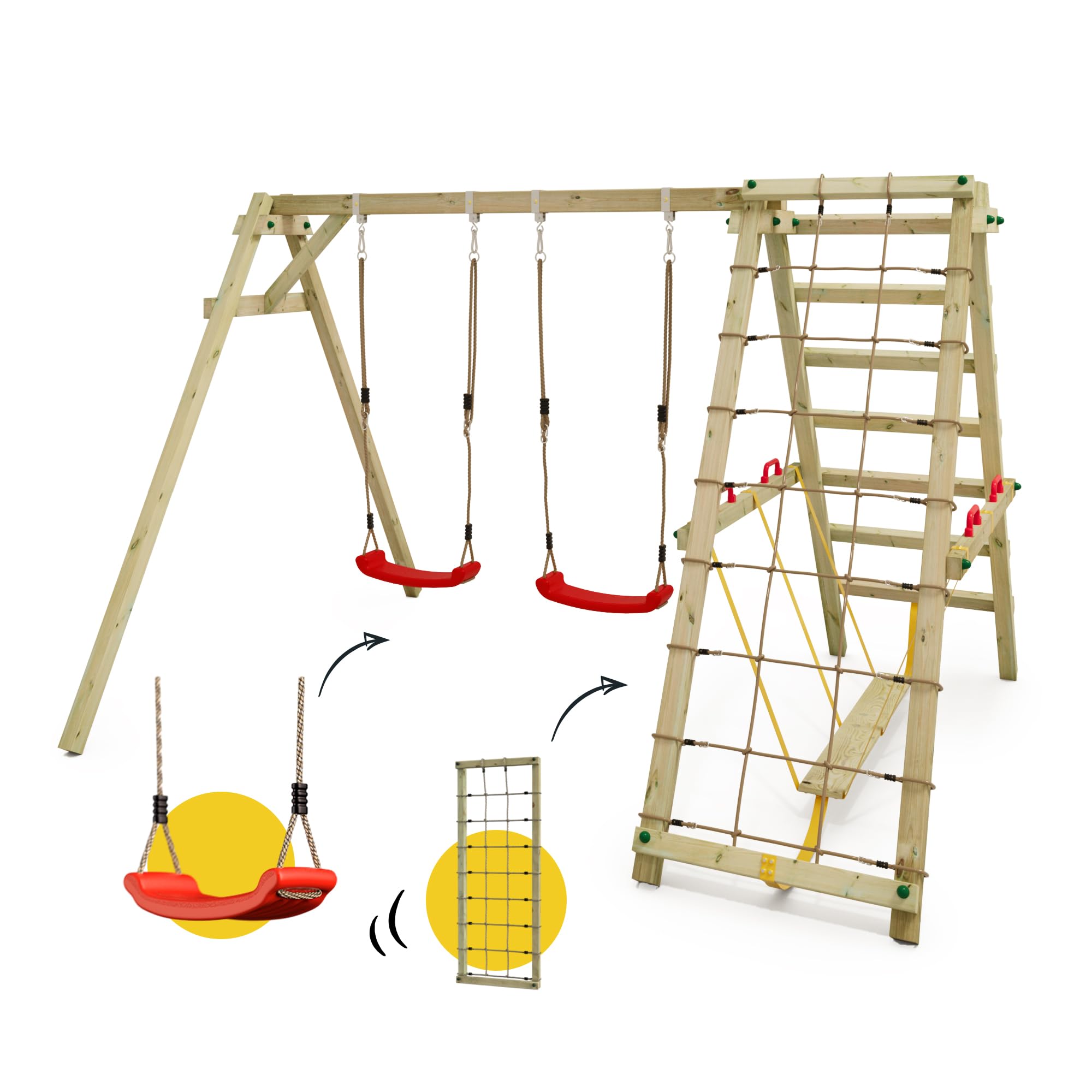 WICKEY Kinderschaukel Schaukelgestell Smart Hike rot - Schaukel & SurfSwing, Schaukelgerüst, Doppelschaukel, Holzschaukel mit Kletteranbau für Kinder im Garten
