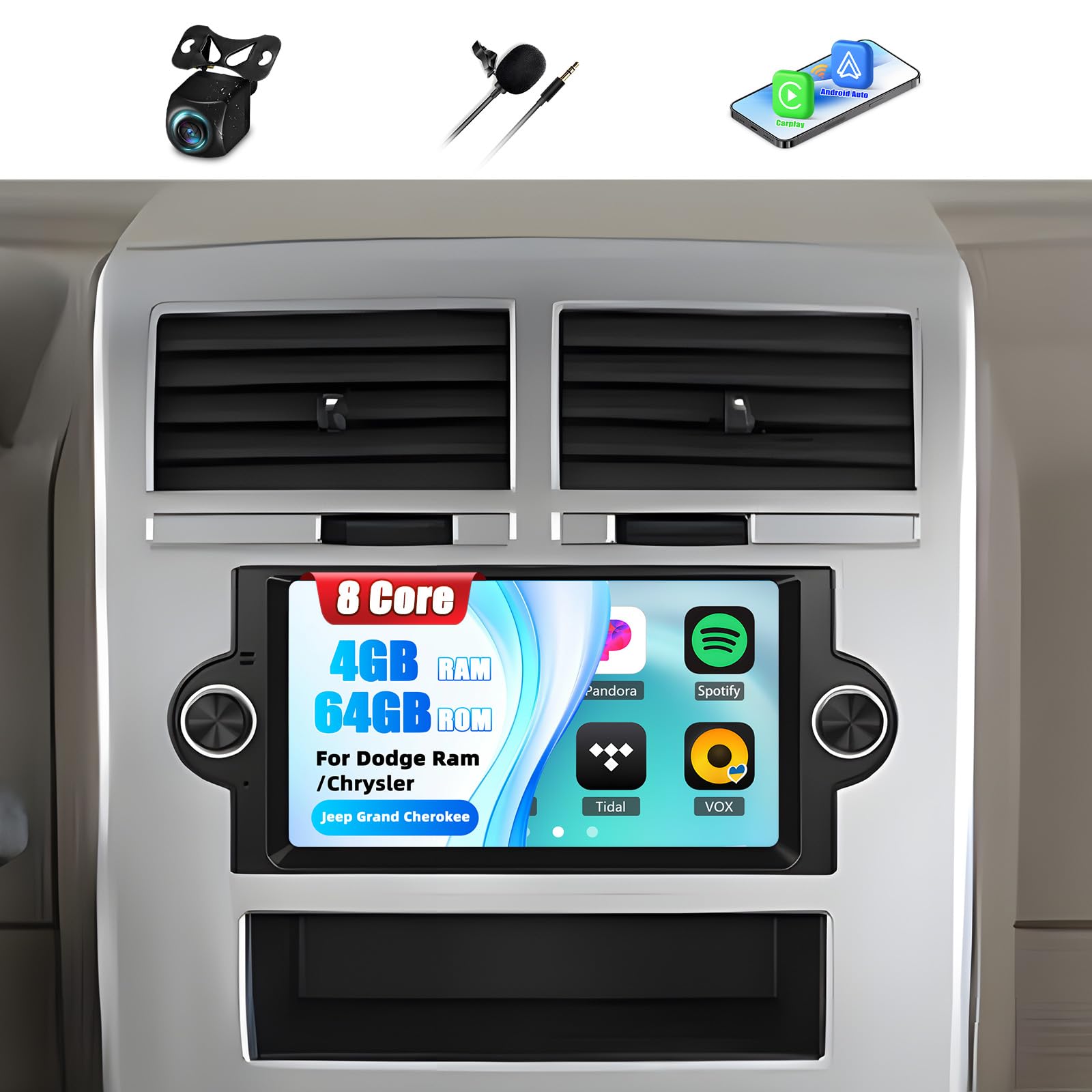 [8 Core 4+64G] Car Radio Stereo for Dodge Ram 1500/2500/3500 06-08,Dodge Durango 05-08,Chrysler 300 Touring/300C/300M 05-07,Jeep Grand Cherokee 05-