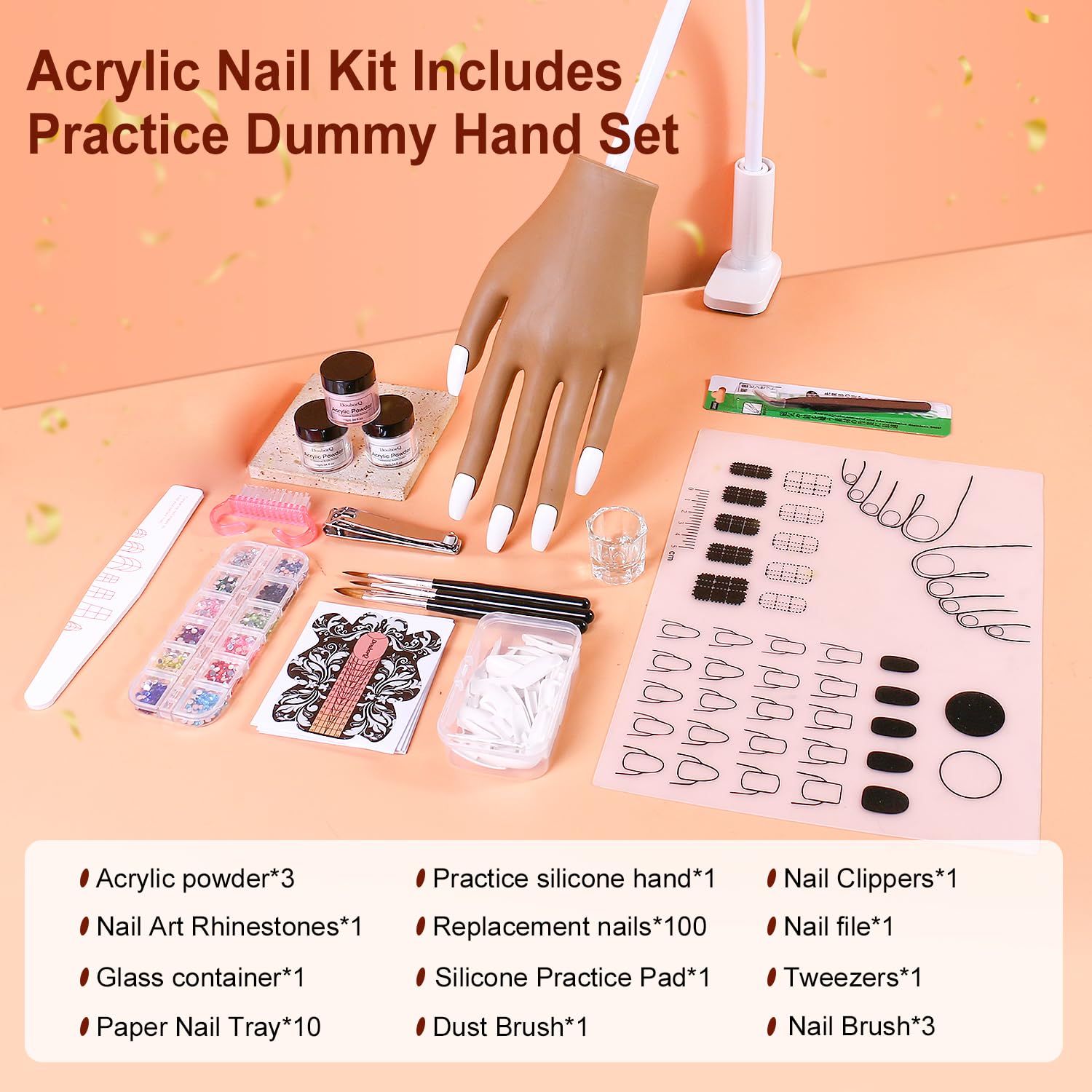 Juego de uñas acrílicas con mano de práctica y 100 uñas de repuesto – Kit profesional de manicura para uñas postizas, extensión de uñas, polvo acrílico, cepillo, diamantes de imitación y almohadilla