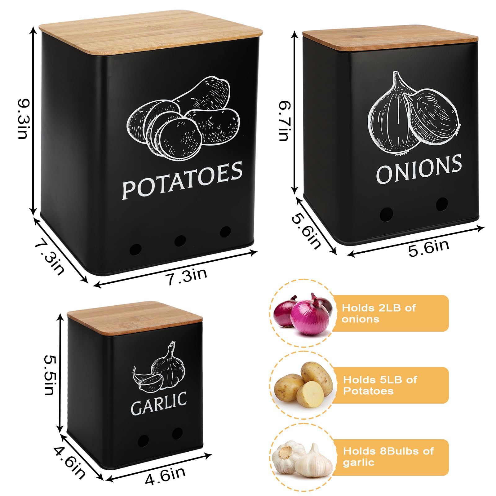 Dekosilave Kitchen Vegetable Storage Set Of 3 - Metal Potato, Onion, Garlic Containers With Aerating Holes & Bamboo Lids, Blue - View #3